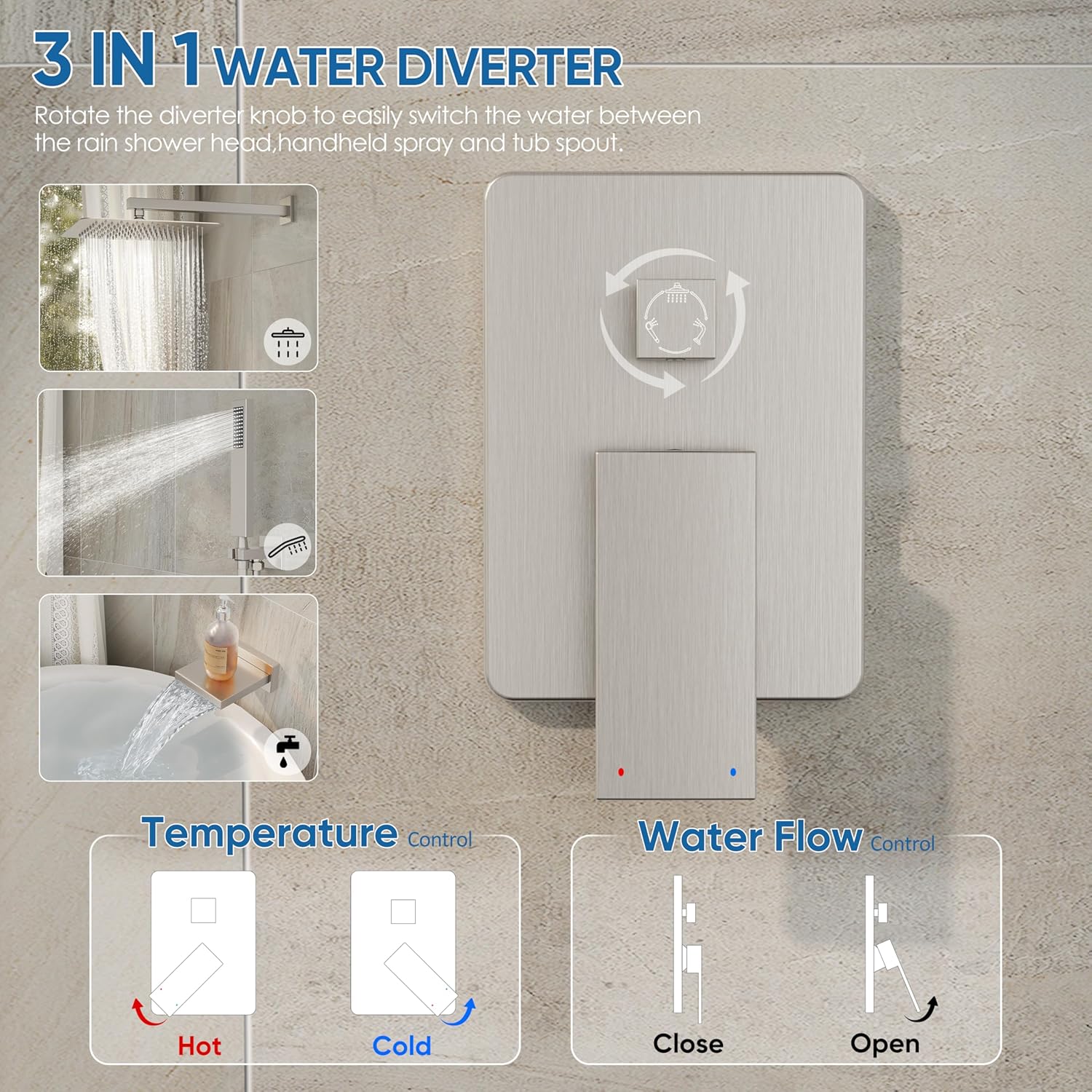 Shower System with Tub Spout, All Metal Tub Shower Faucet Set with 10" Rain Shower Head and Handheld Spray combo, Wall Mounted Tub Shower Systems with Valve and Trim Kit, Brushed Nickel - Image 8