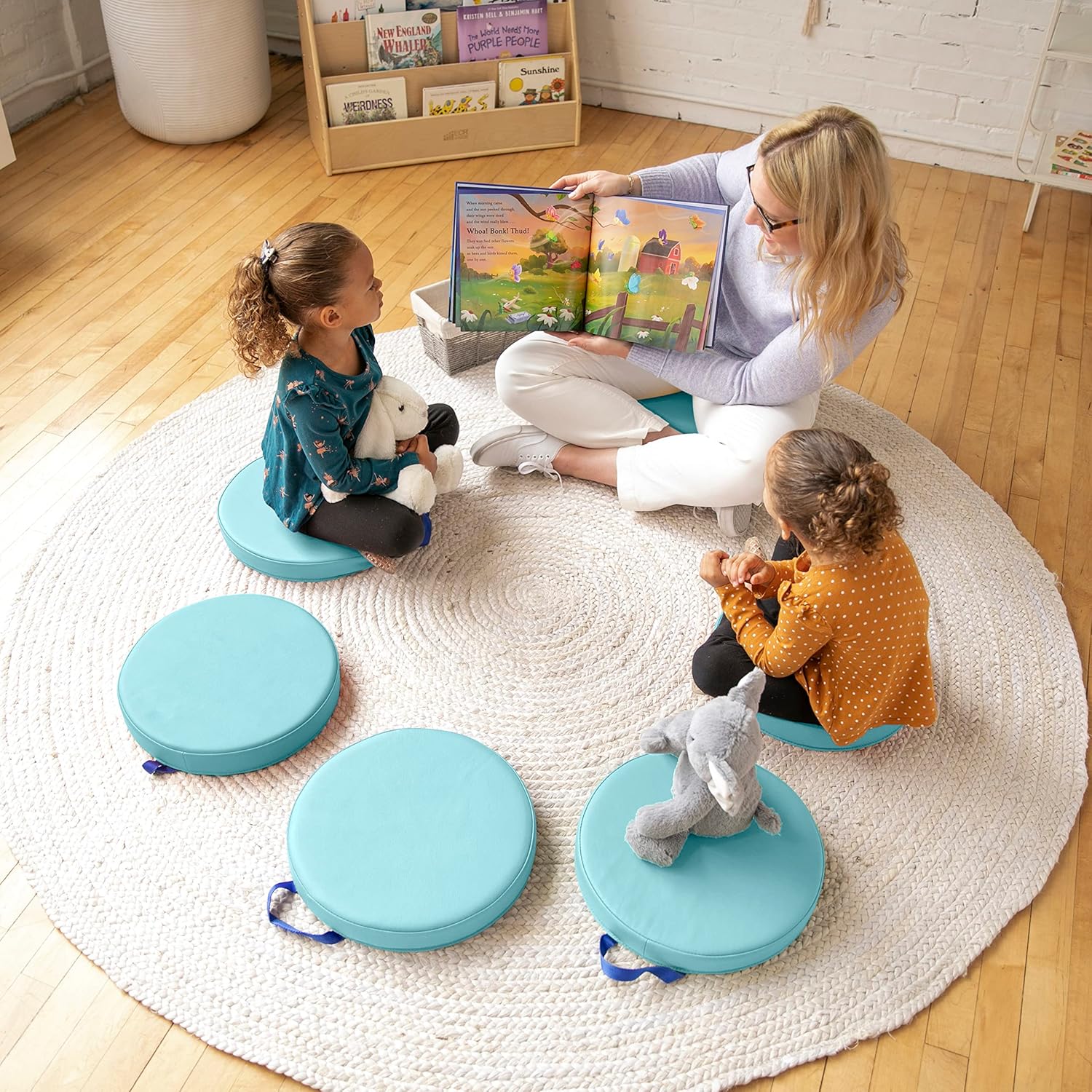 ECR4Kids SoftZone Floor Cushions, Round, Flexible Seating, Seafoam, 6-Piece