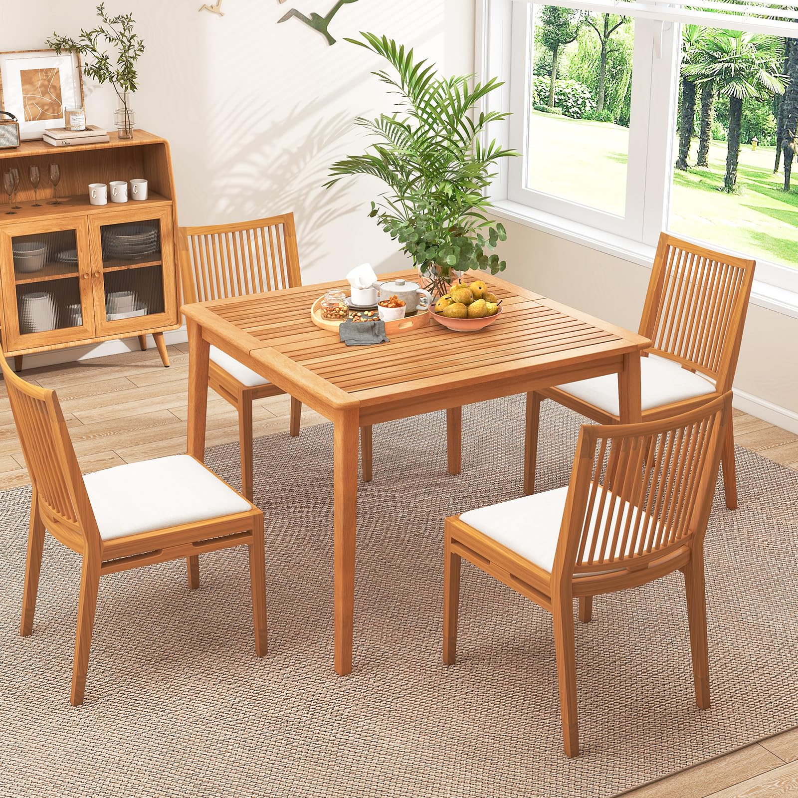 KOMFOTTEU Table de Jardin avec Trou pour Parasol de 5 cm, Table à Manger en Bois d'acacia pour 4/6/8 Personnes, Bureau à Lattes, Extérieur & Intérieur (100 x 100 x 75,5 cm)