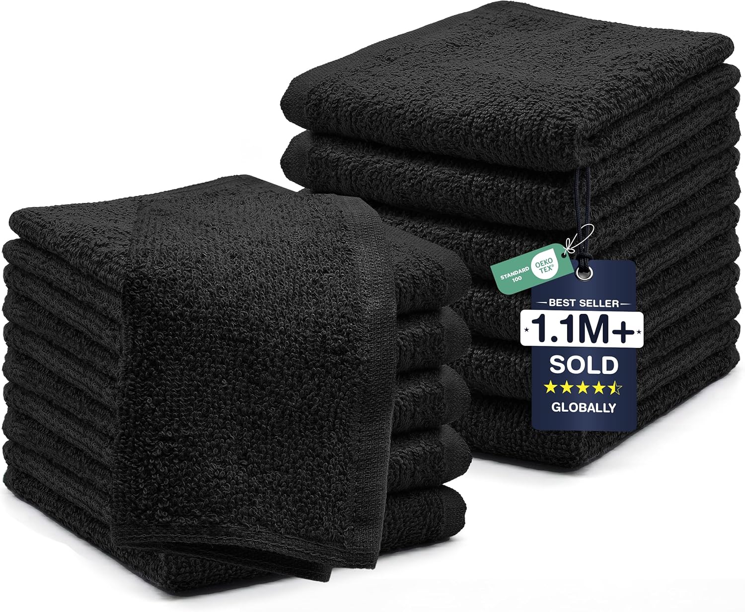 DAN RIVER 12 Pack Cotton Wash Cloths Set for Showering [12x12] Black