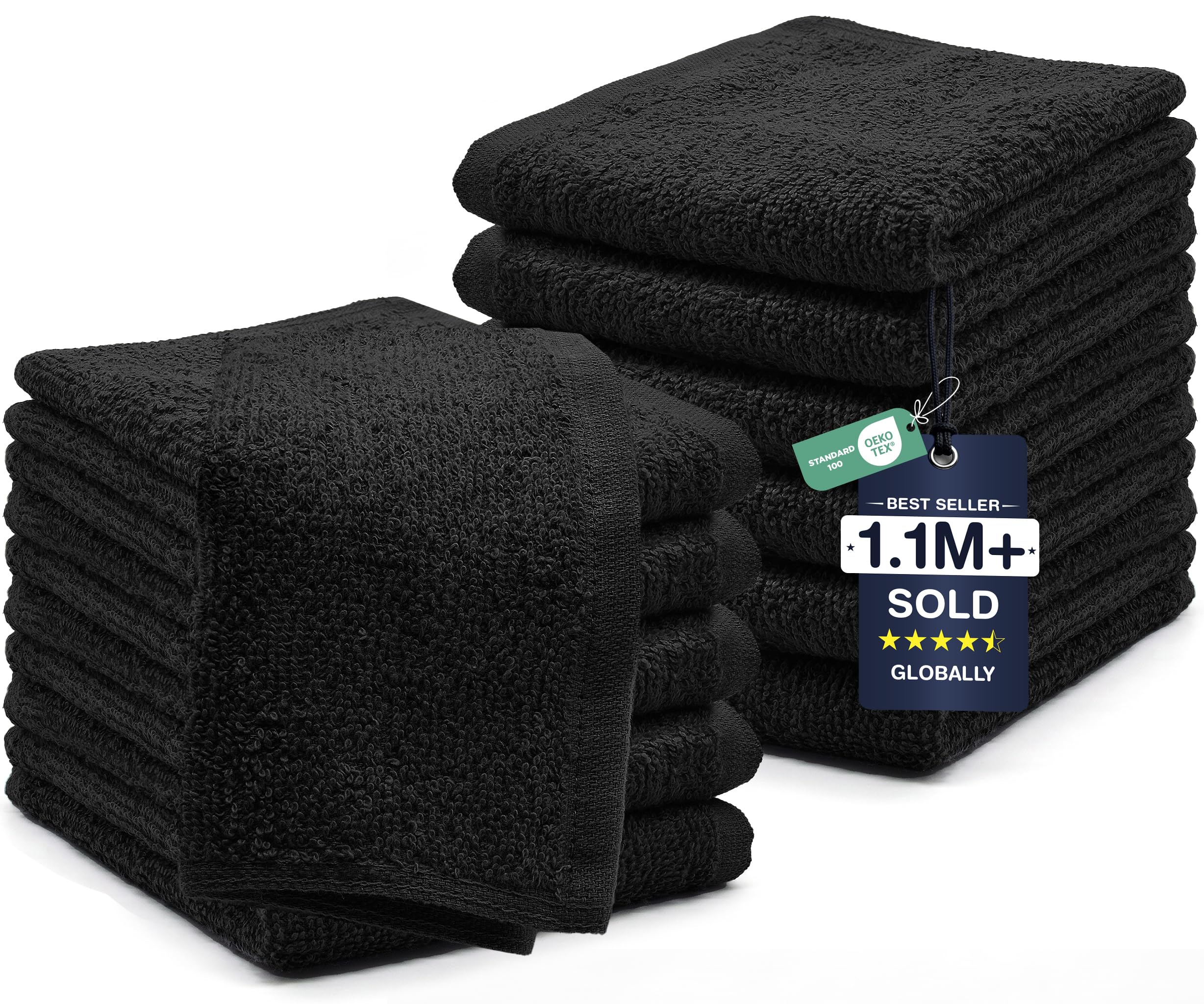 DAN RIVER 12 Pack Cotton Wash Cloths Set for Showering [12x12] Black