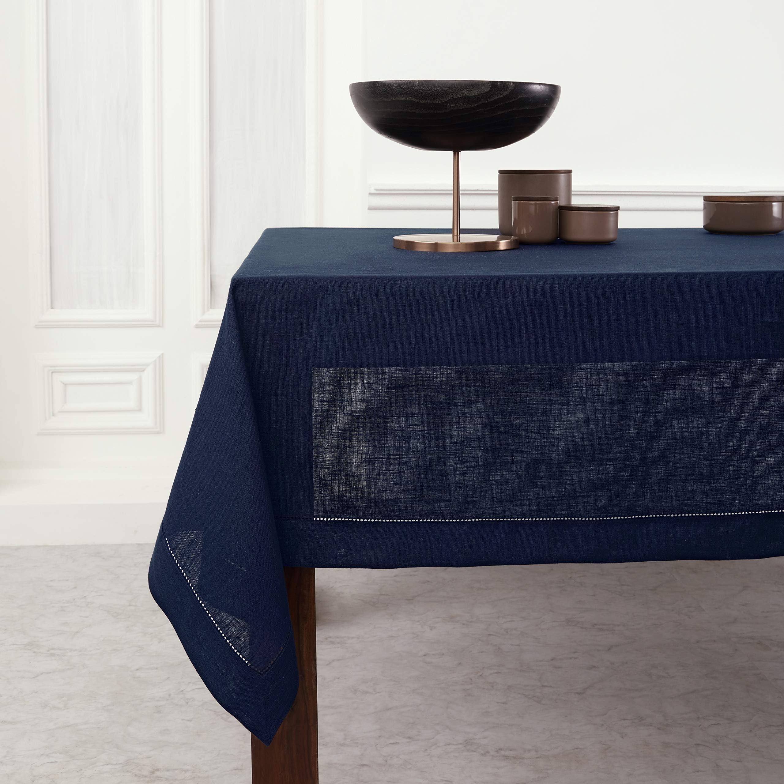 Solino Home Linen Tablecloth Navy – Fall, Thanksgiving, Christmas Tablecloth 60 x 90 Inch – Machine Washable and Handcrafted from 100% Pure European Flax Linen – Classic Hemstitch