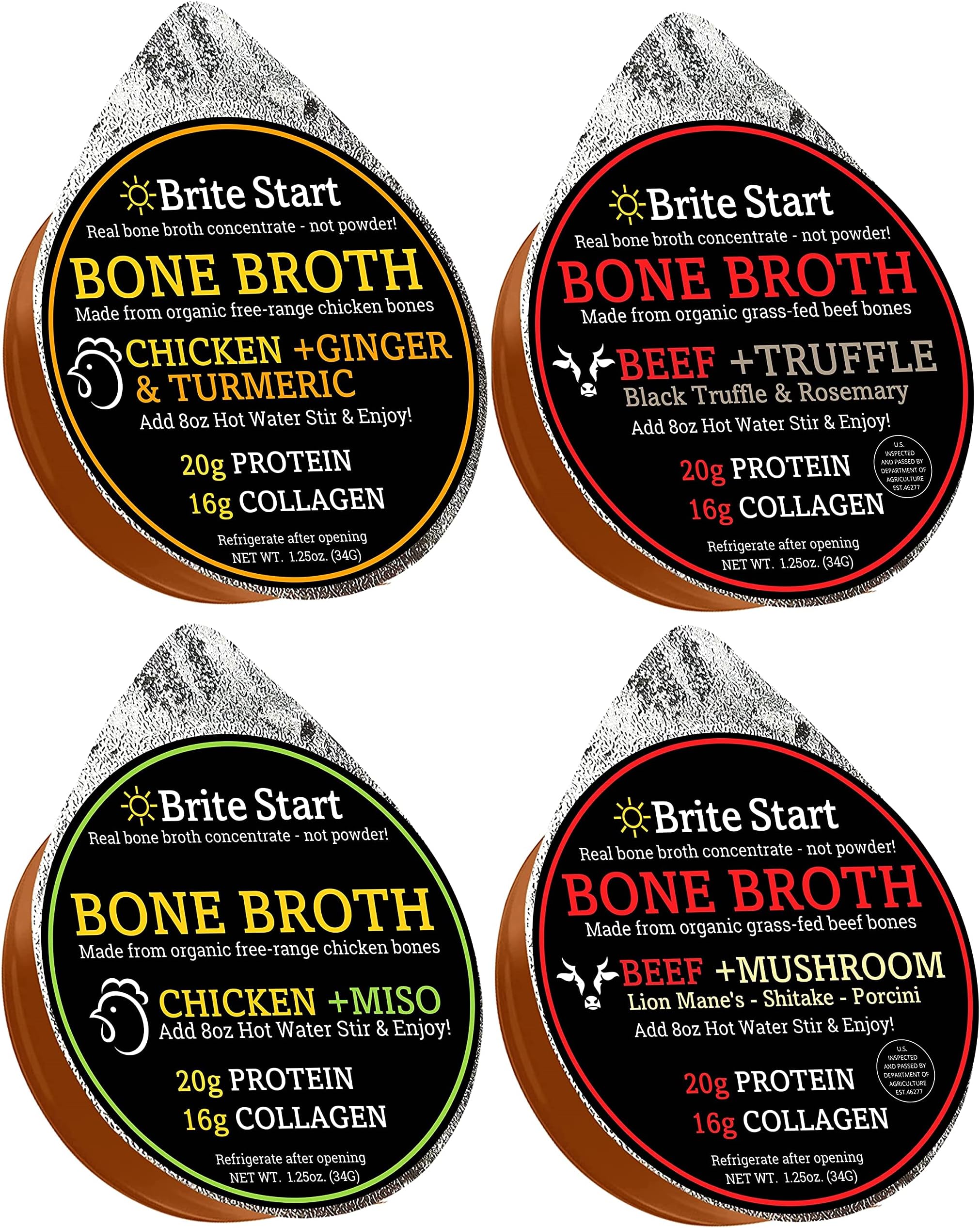 Brite Start Bone Broth - Variety Pack - 4 Count - Keto Friendly Concentrate with 16g Collagen, 20g Paleo Protein - Made from Organic Chicken Bones and Grass Fed Meat - Single Serve Packs