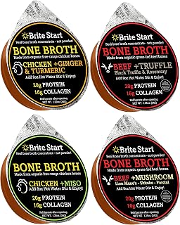Brite Start Bone Broth - Variety Pack - 4 Count - Keto Friendly Concentrate with 16g Collagen, 20g Paleo Protein - Made from Free Range Chicken Bones & Grass Fed Beef - Single Serve Packets