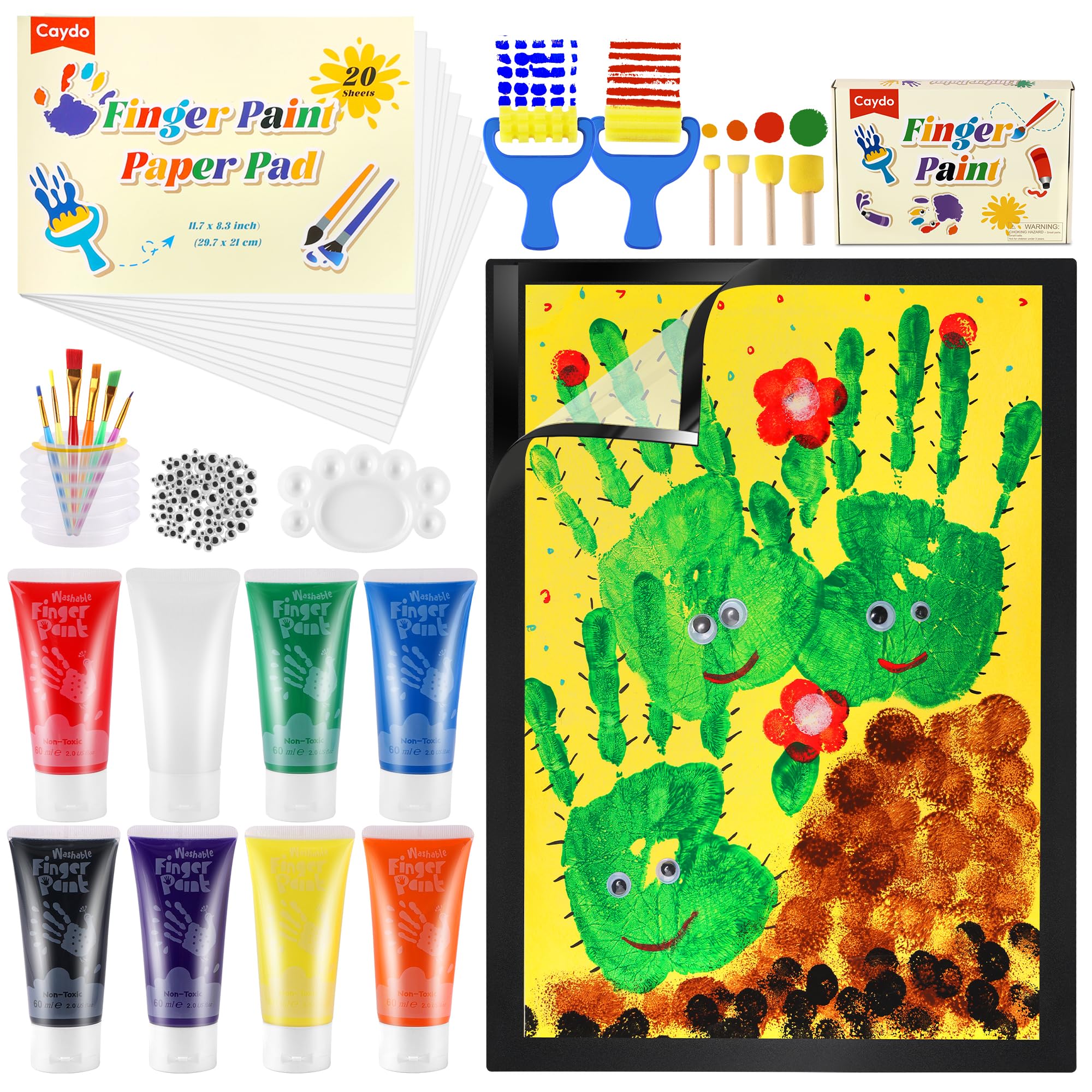 Caydo Kids Paint Kit Washable Finger Paint Set with 8 Colours Finger Paints(60ml),Paint Paper, Sponge, Brushes, Palette, Magnetic Picture Frame,Non-Toxic, Children Drawing Gift Kids Painting Set