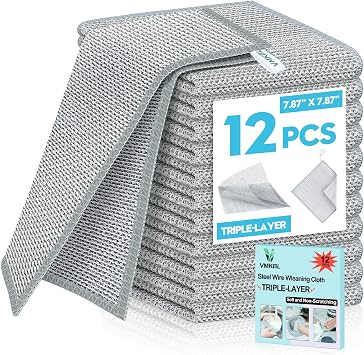 12 Pcs New Upgraded 3 Layers Non Scratch Wire Dishcloth, Multipurpose Wire Dishwashing Rags, Wet & Dry for Cookware, Sinks, Dishes, Stoves & Fireplaces 7.87 x 7.87-12pcs