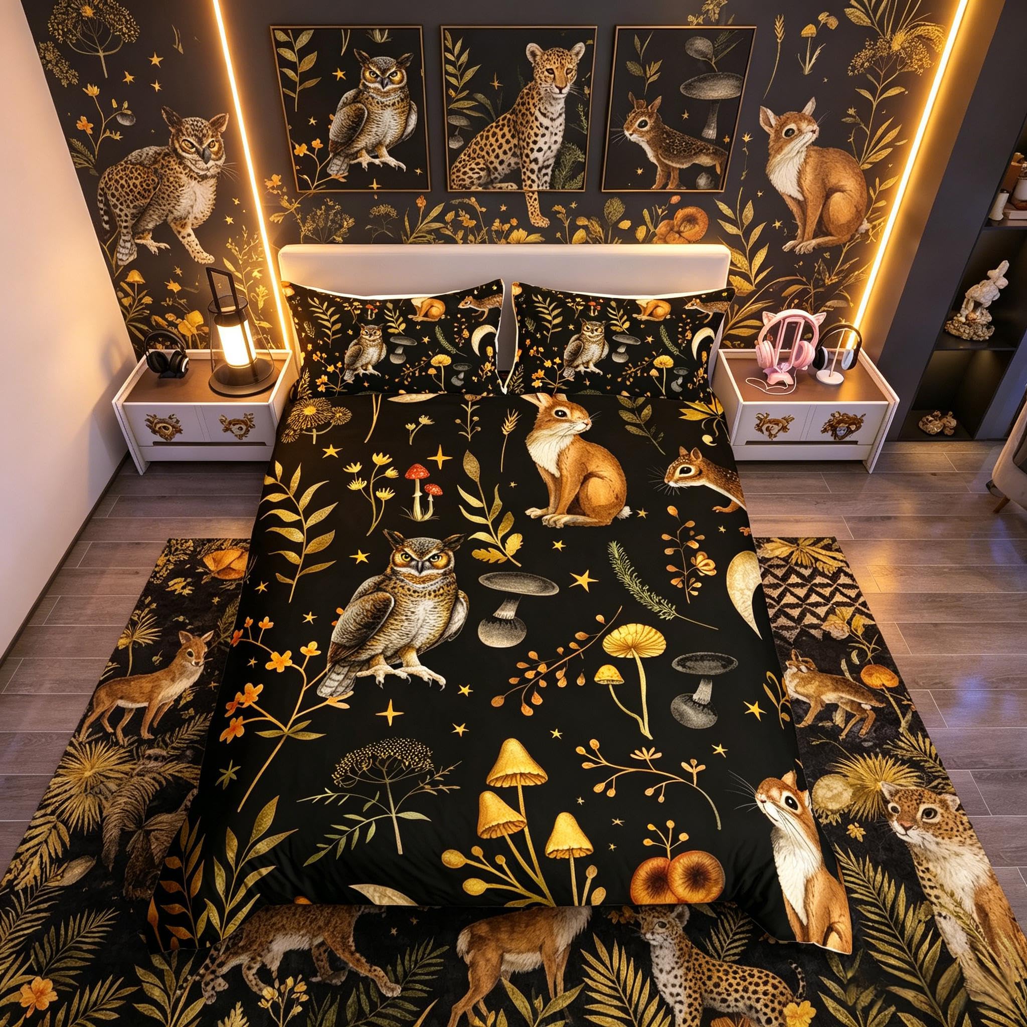 Loussiesd Boho Mushroom Comforter Cover Set Super King Size Cute Owl Squirrel Bedding Set for Children Botanical Floral Bedding Duvet Cover Set Room Decor Animlas Bedspread Cover — image 1
