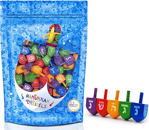 Miniatura 2 de Dreidels de madera multicolor de tamaño mediano Hanukkah Draydels con transliteración en inglés (paquete de 4)