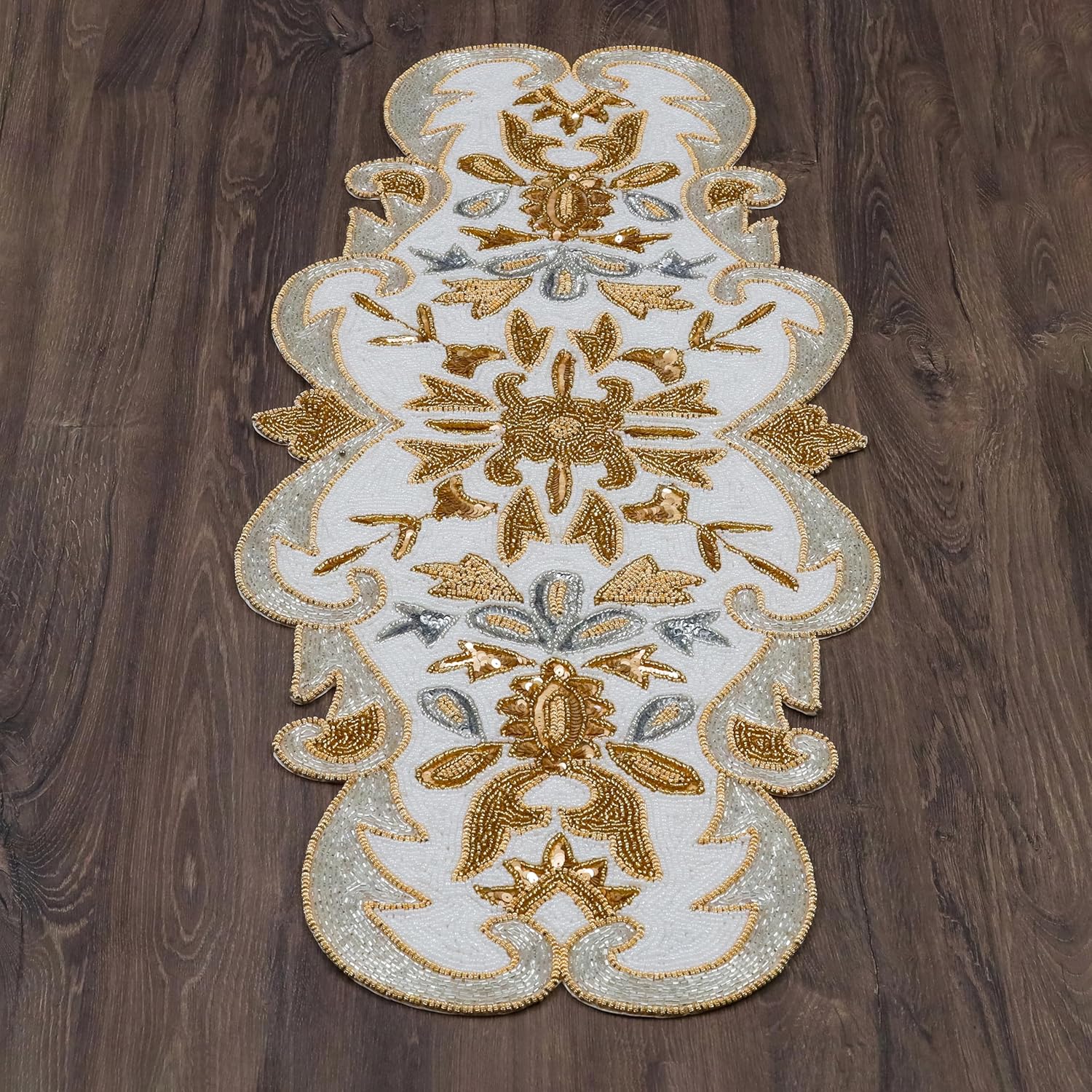 Beaded Table Runner Decorative Hand Glitz Rustic Farmhouse for Scalloped Design - 13x36 Inch - Gold Silver Milky