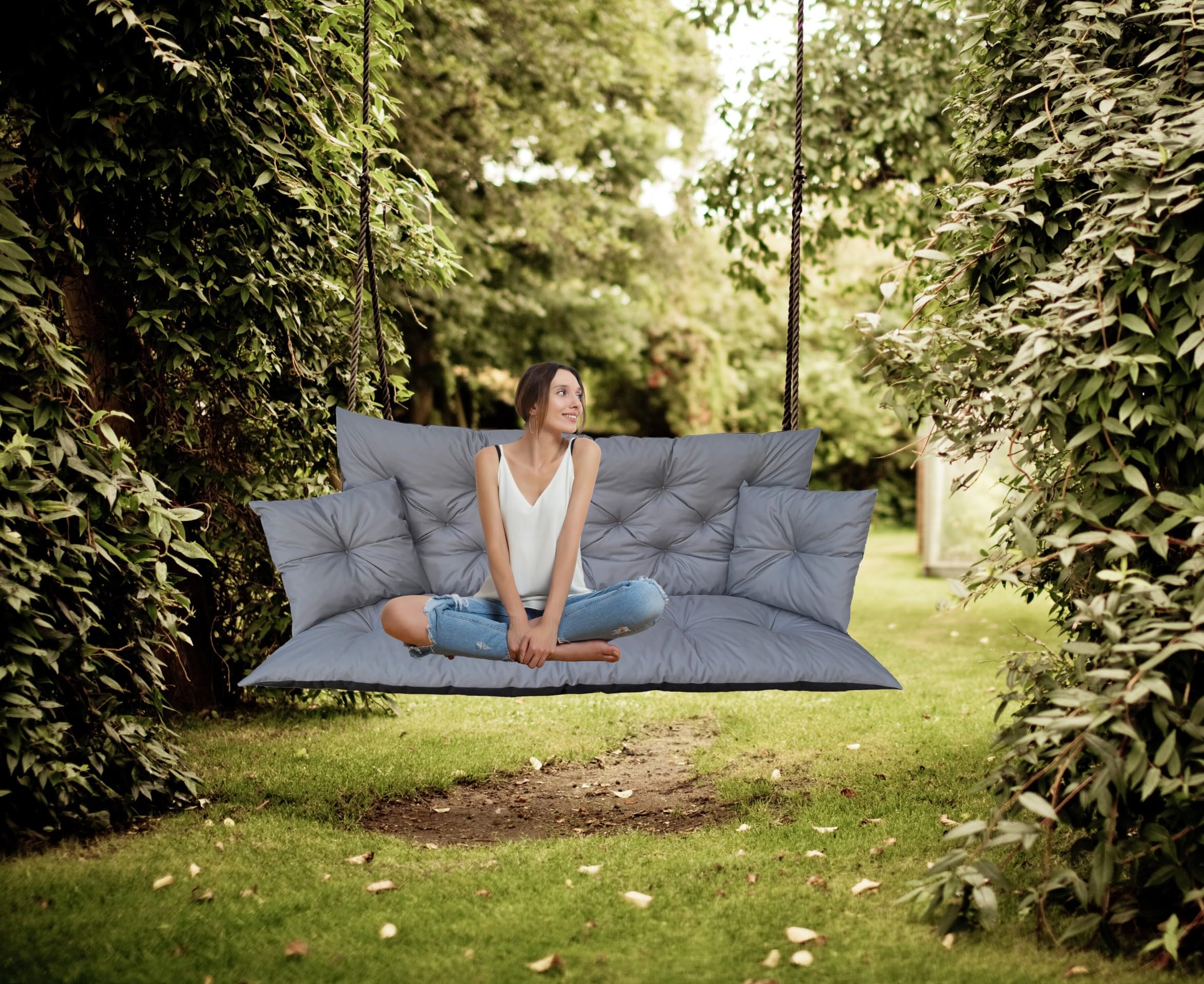 Hollywoodschaukel Auflage Grau 150x60x50 cm, wasserabweisendes Sitzkissen inklusive 2 Kissen, Outdoor Auflage für Gartenbank und Schaukel