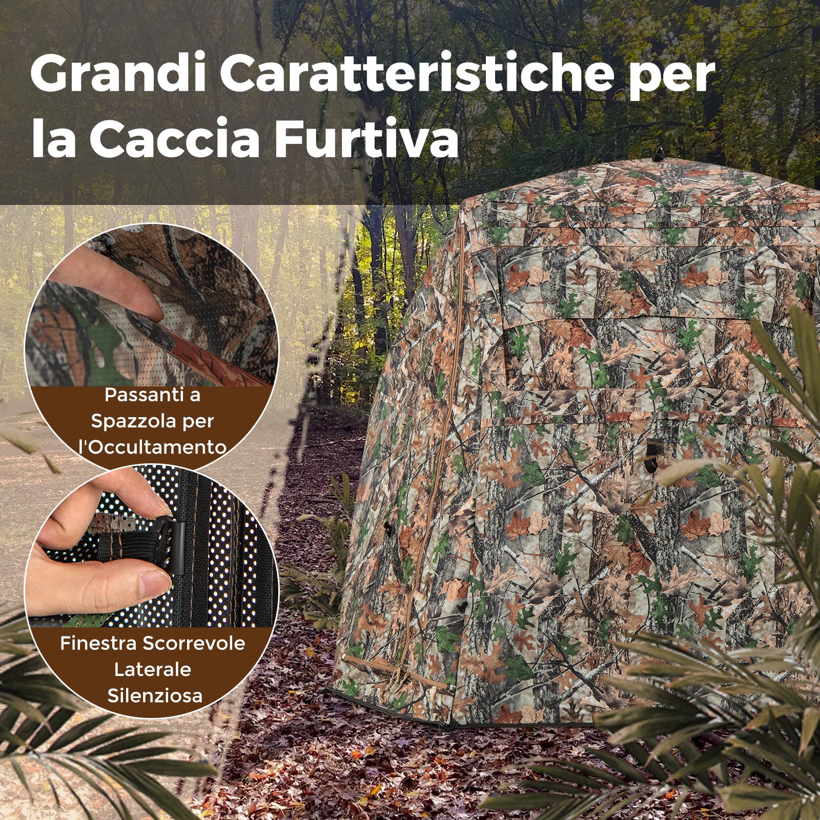 GYMAX Tenda da Caccia 2 in 1, Tenda da Caccia per 2-3 Persone, Tenda da Caccia Trasparente a 360° con Borsa da Trasporto e Porta Completamente Apribile, Tenda Mimetica Pieghevole