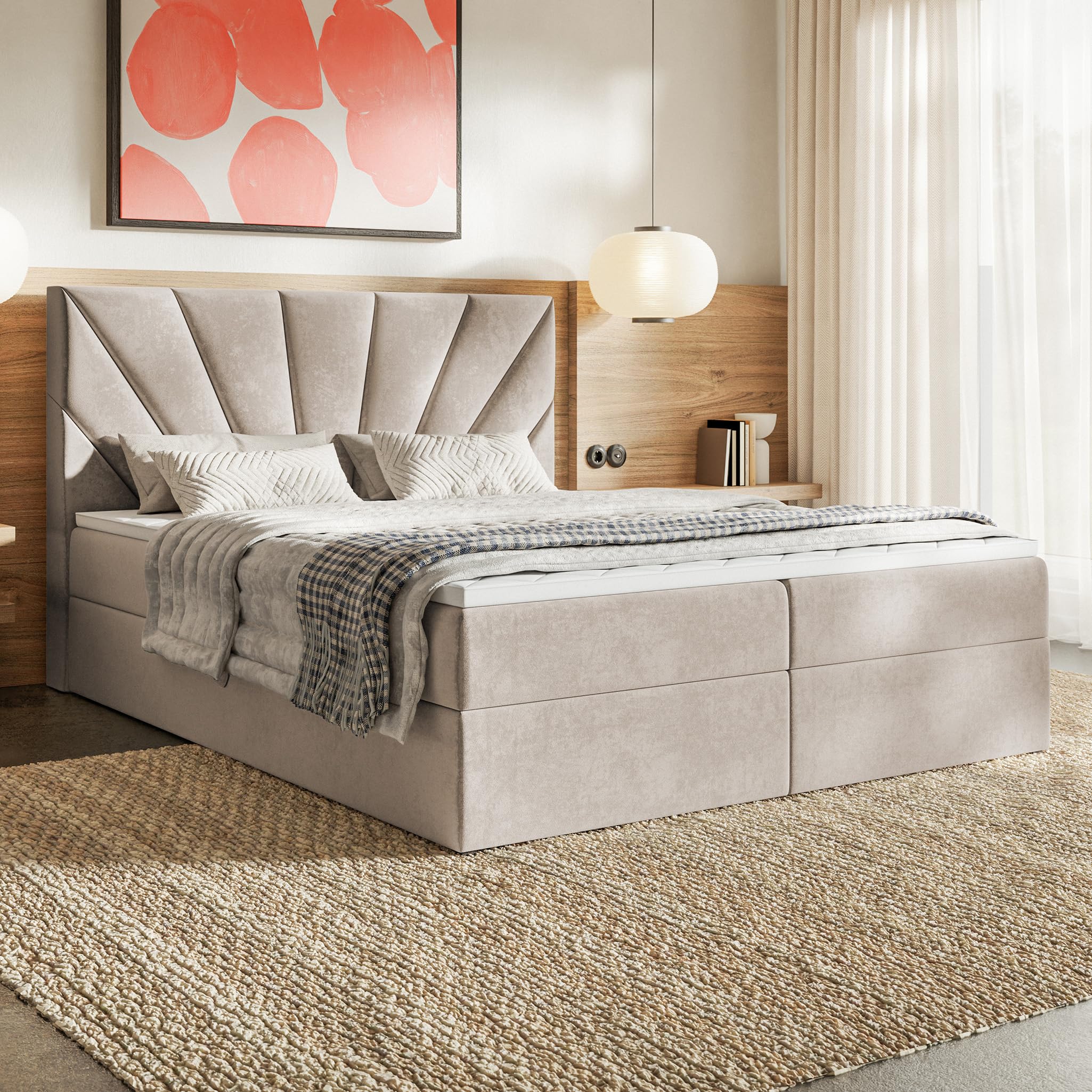 MOTIVENA Aspen Boxspringbett 160x200 mit Bettkasten und Topper, Polsterbett 160x200 mit Bettkasten, Taschenfederkern-Matratze (H3), Visco Memory-Foam Topper (H2), Samt, Beige (Creme)