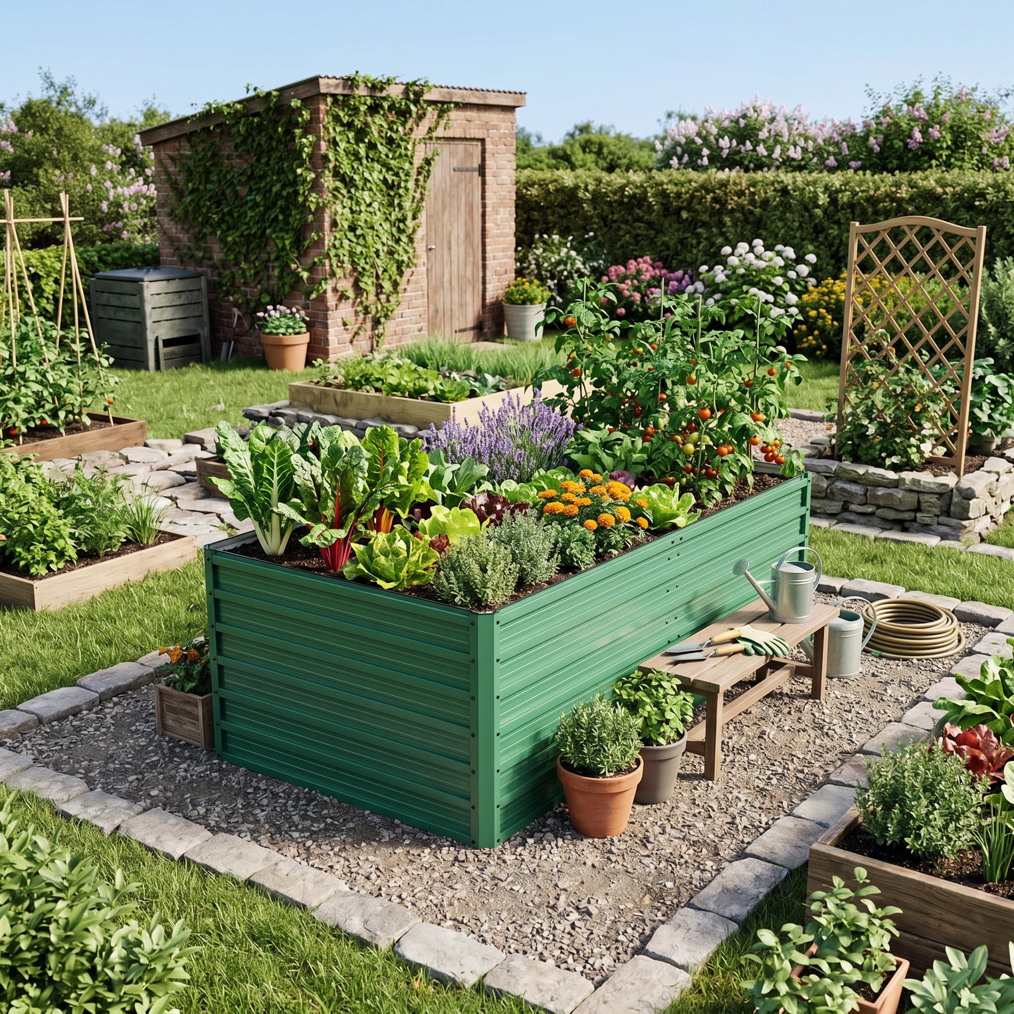 Gecheer Hochbeet Metall 190x90x64cm, Großes Pflanzbeet mit Offenem Boden, Wetter- & Rostbeständig Rechteckiges Gemüsebeet für Gemüse Blumen Terrasse Garten, Grün