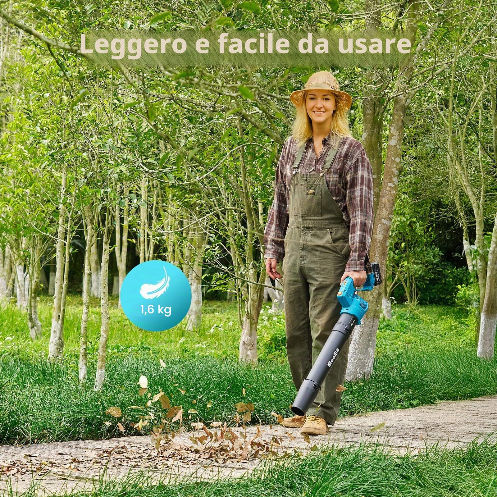 SEESII Soffiatore Elettrico Senza Filo con 2 Batterie 4.0Ah e Caricatore, 5 Velocità, Leggero e Potente per Giardino, Prato, Cortile, Pulizia Foglie