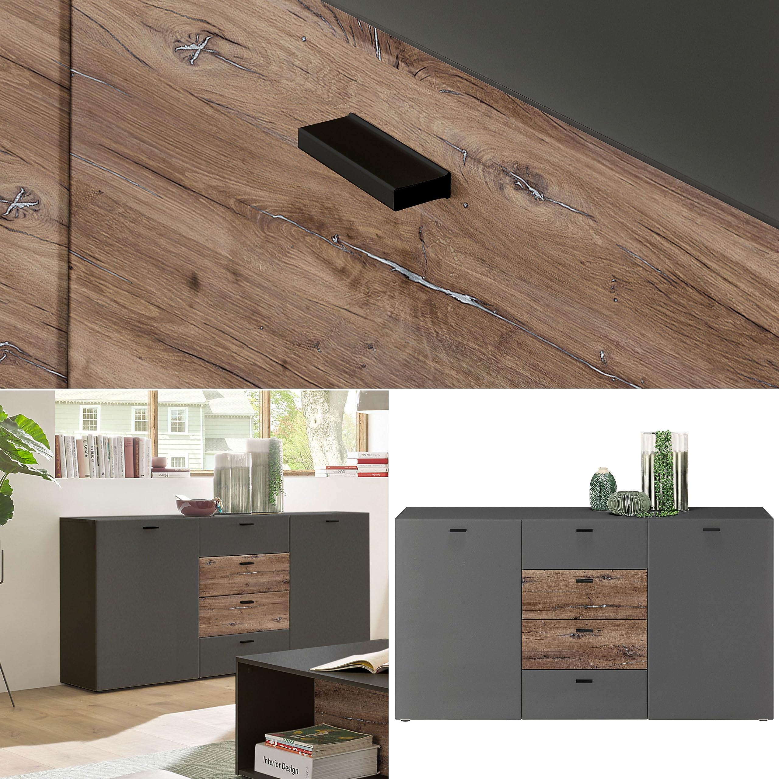 Produktbild von 80x80x40 Cm Kommode Bellamio Luvua Kommode Schwarz-Eiche - Sideboard 80x80x40cm Mit 3 Schubladen Für Wohnzimmer & Schlafzimmer Sideboard Schwarz Eichenoptik