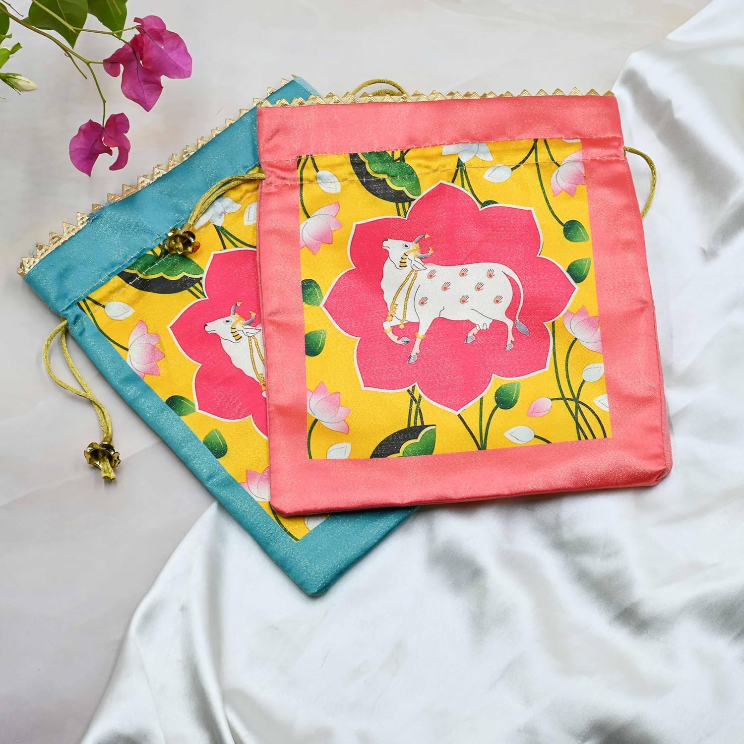Assorted Lotus Cow Decorative Printed Silk Potli Traditional Elegance Cow Print Pichwai Potli Batwa Bag with Modern Handle