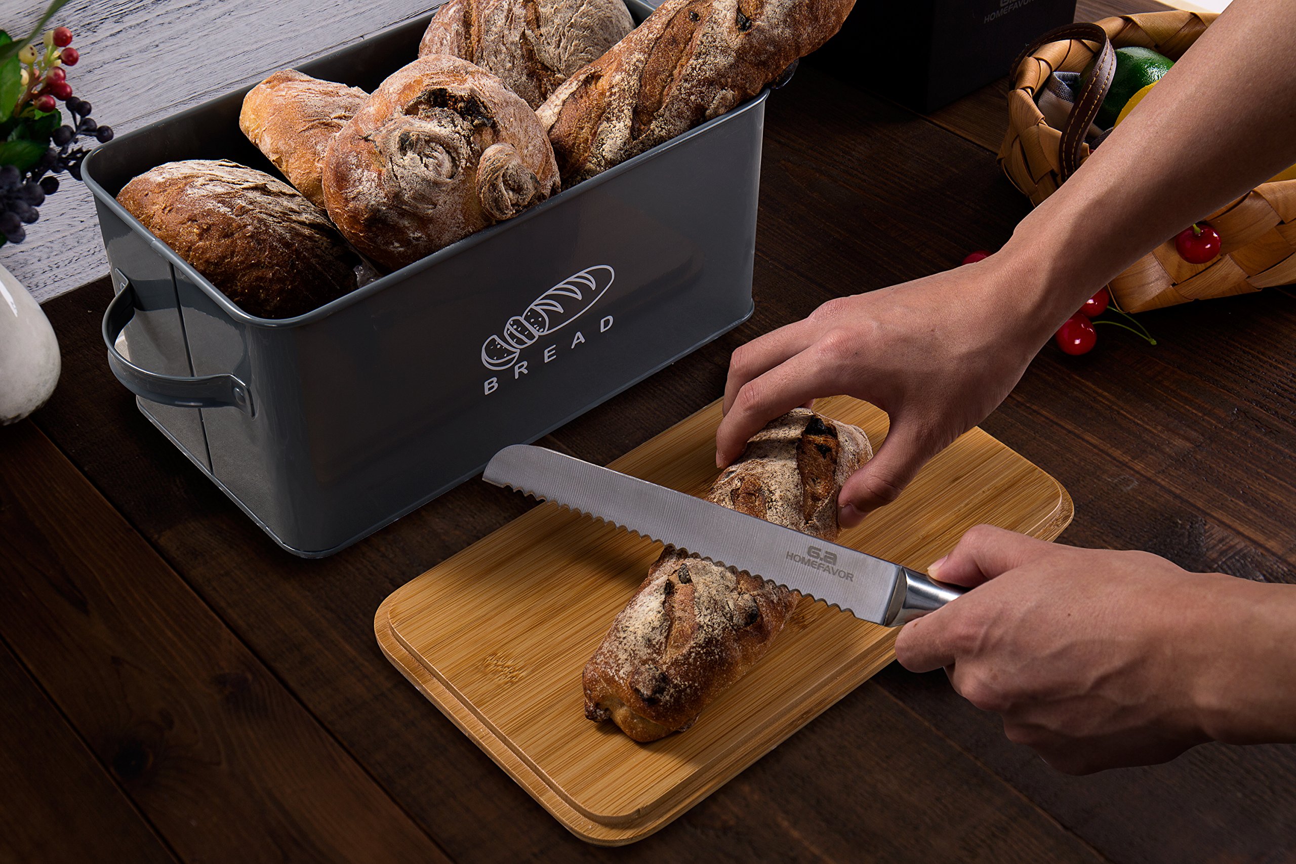 Cestino Per Pane In Metallo Con Coperchio Bambù - 30.5x23.5x14 Cm, 2in1 Con Tagliere - Foto 3