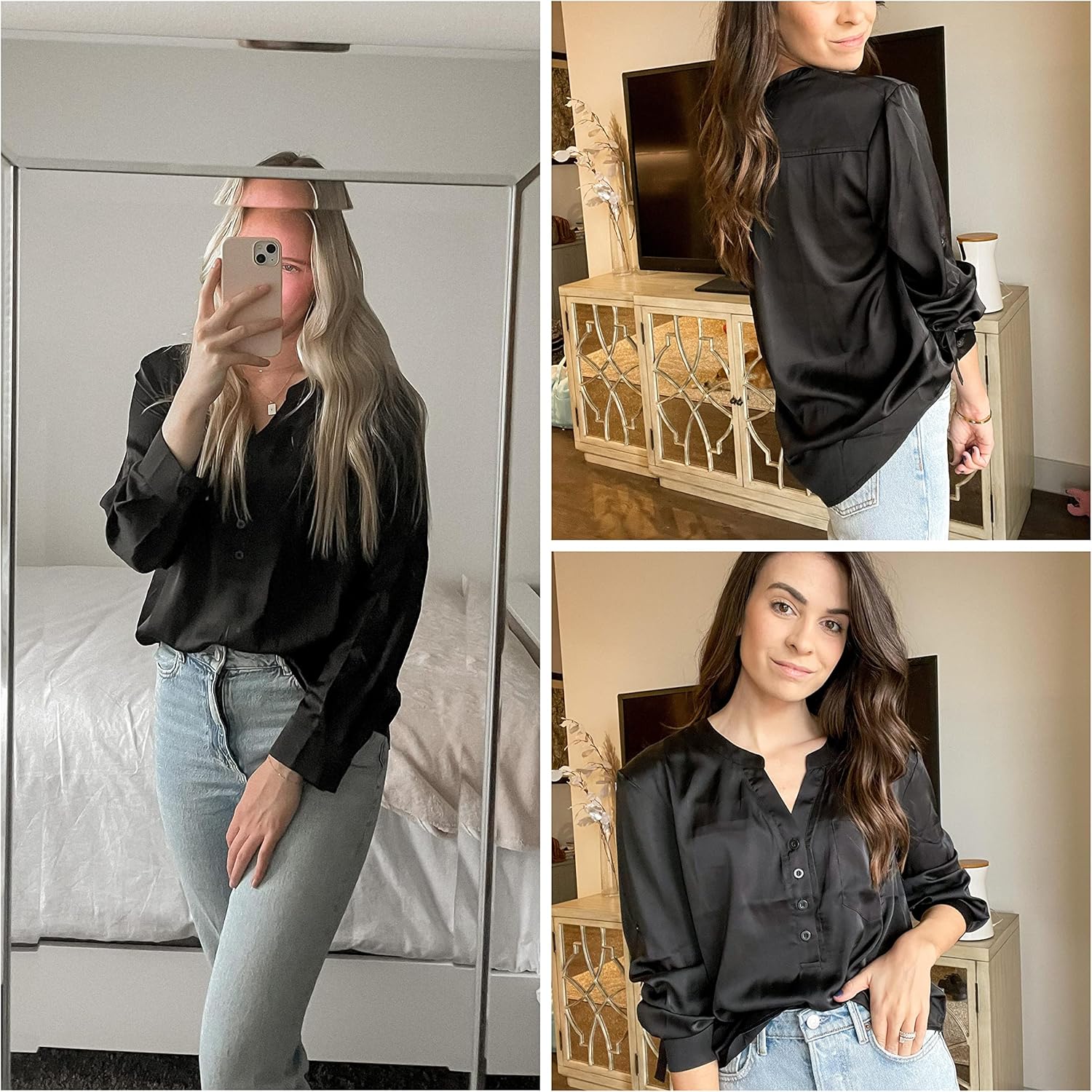Beyove Satin Blouses for Women Button Down Silky Shirts V Neck Roll Up Long Sleeve Casual Loose Office Work Tops - Image 3