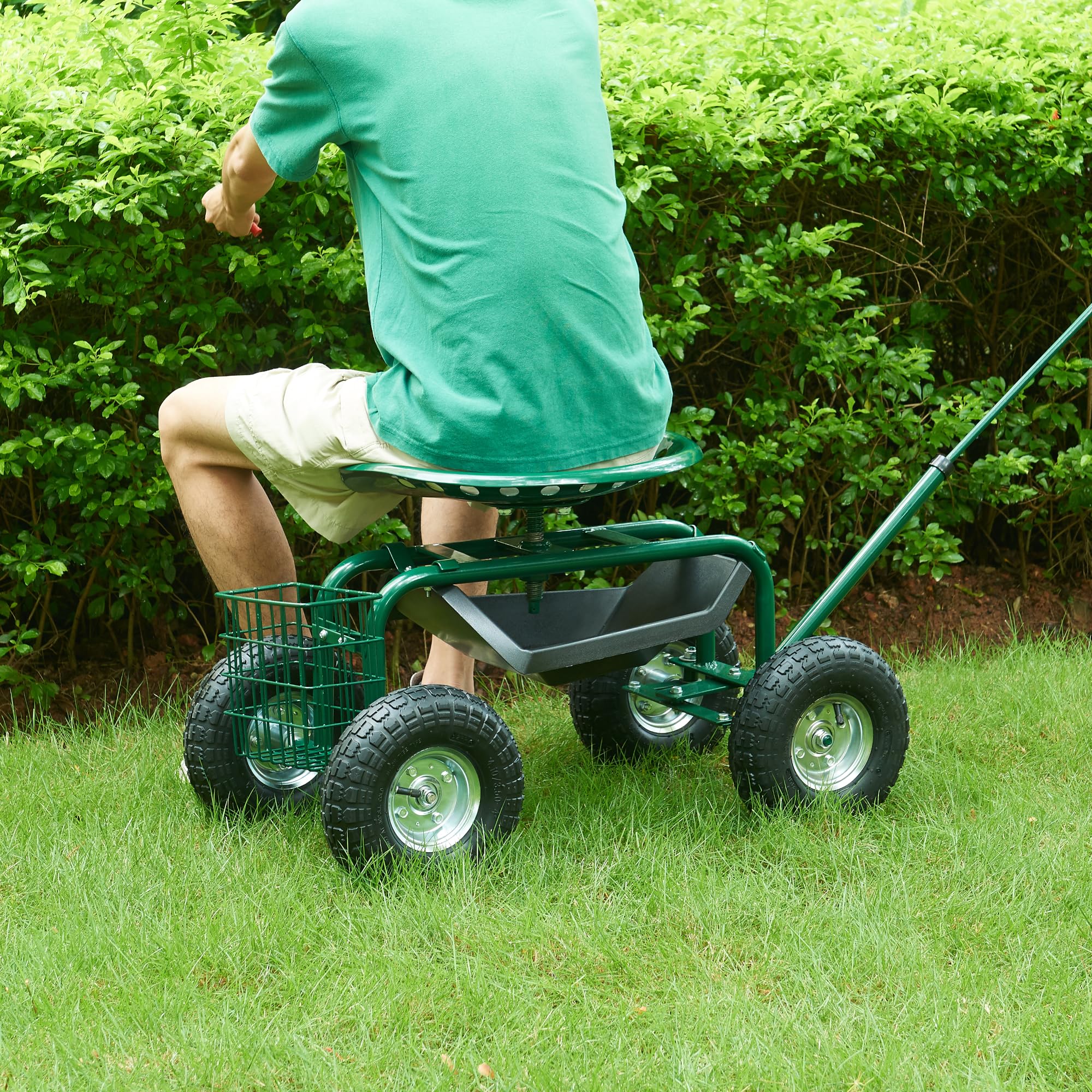 pro.tec Asiento de Jardinería Casarano con Ruedas Taburete Móvil Carrito para Trabajo en Jardín Taller con Bandeja y Cesta de Malla Altura del Asiento y Asa Ajustable Acero 81 x 45 cm - Verde Negro