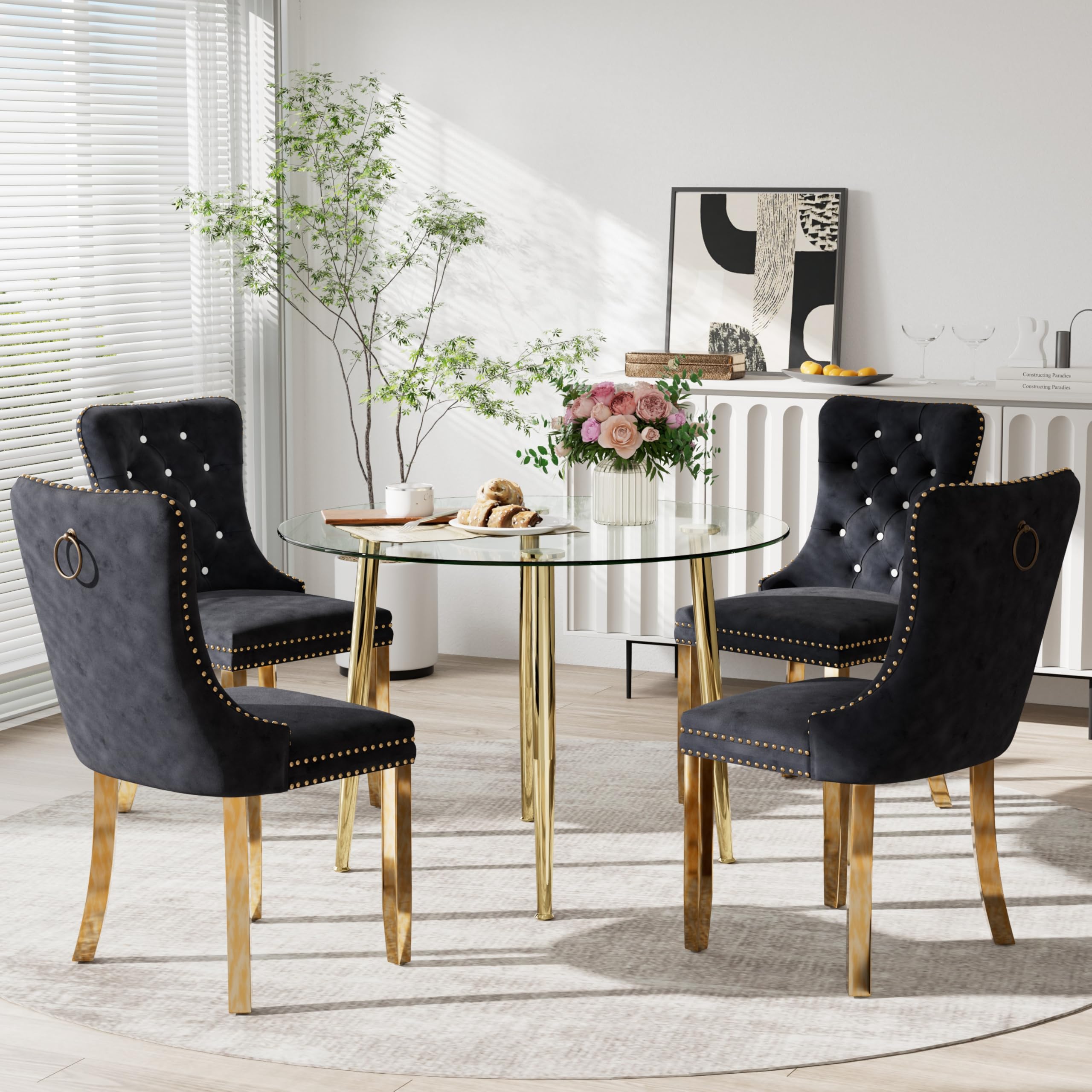 HAIZAO 5 Piece Clear Round Glass Top Dining Set, 36'' Modern Minimalist Circle Dinner Room Set, 4 Person Luxury Circular Kitchen Table Set, Black