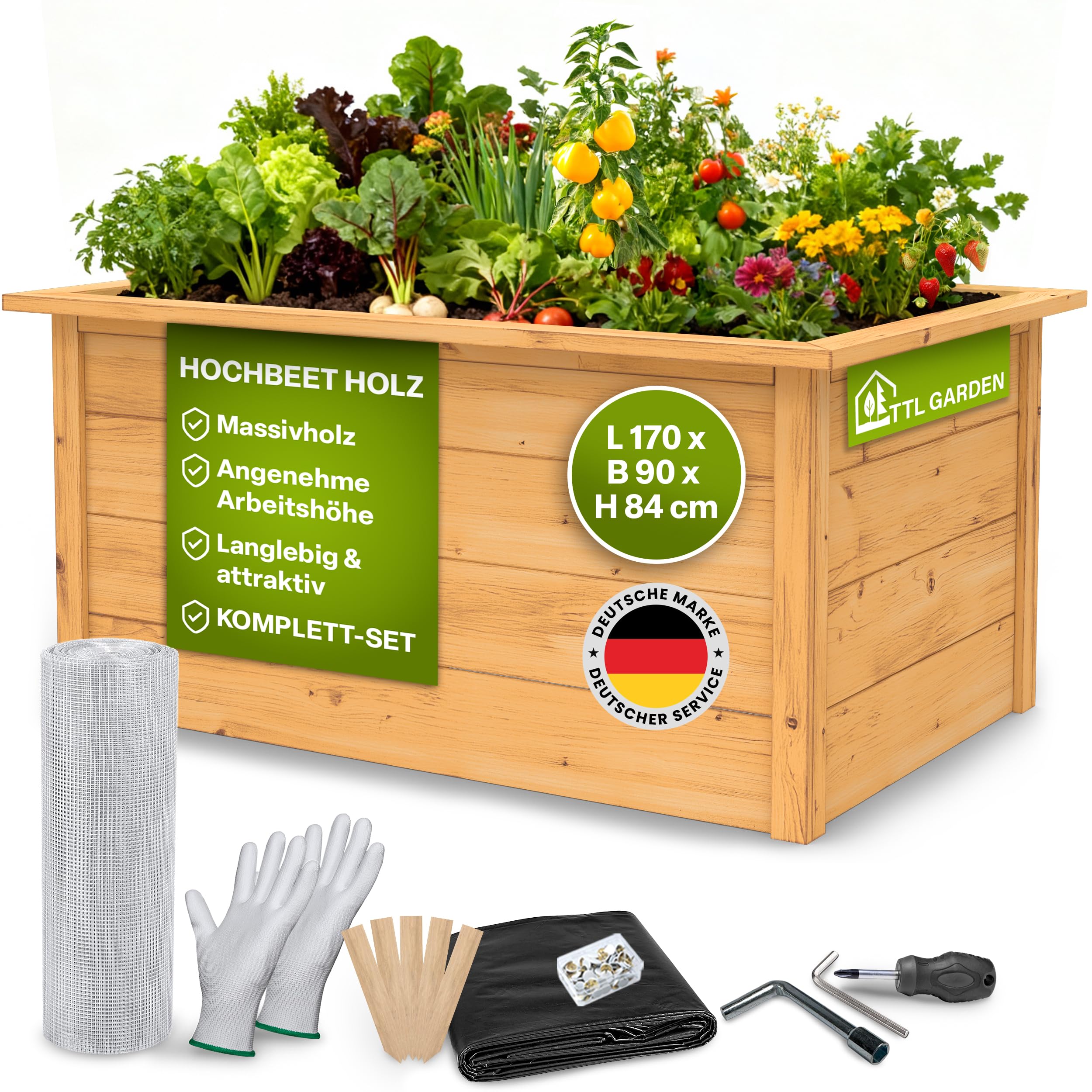 TTL GARDEN 170x90x84cm LARENA L Holz Hochbeet - Garten Hochbeet aus Holz | - Hochbeet Kit & Kräuterbeet Set Bausatz mit Wühlmausgitter Holzhochbeet wetterfest - für Gemüse Kräuter & Blumen - Braun