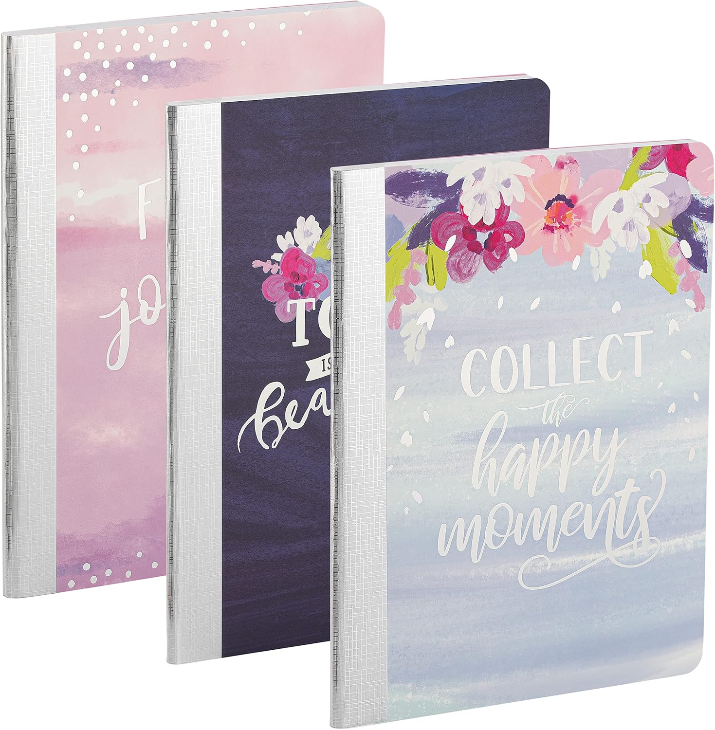 Printed 1 Subject Notebook 10.5 x 8.5 College Ruled Paper 60 GSM 80 Sheets “Silver Lining Collection” (Beautiful, Joy, Happy) Perfect for School, Office and Home Use - 3 Pack by Emraw : Office Products