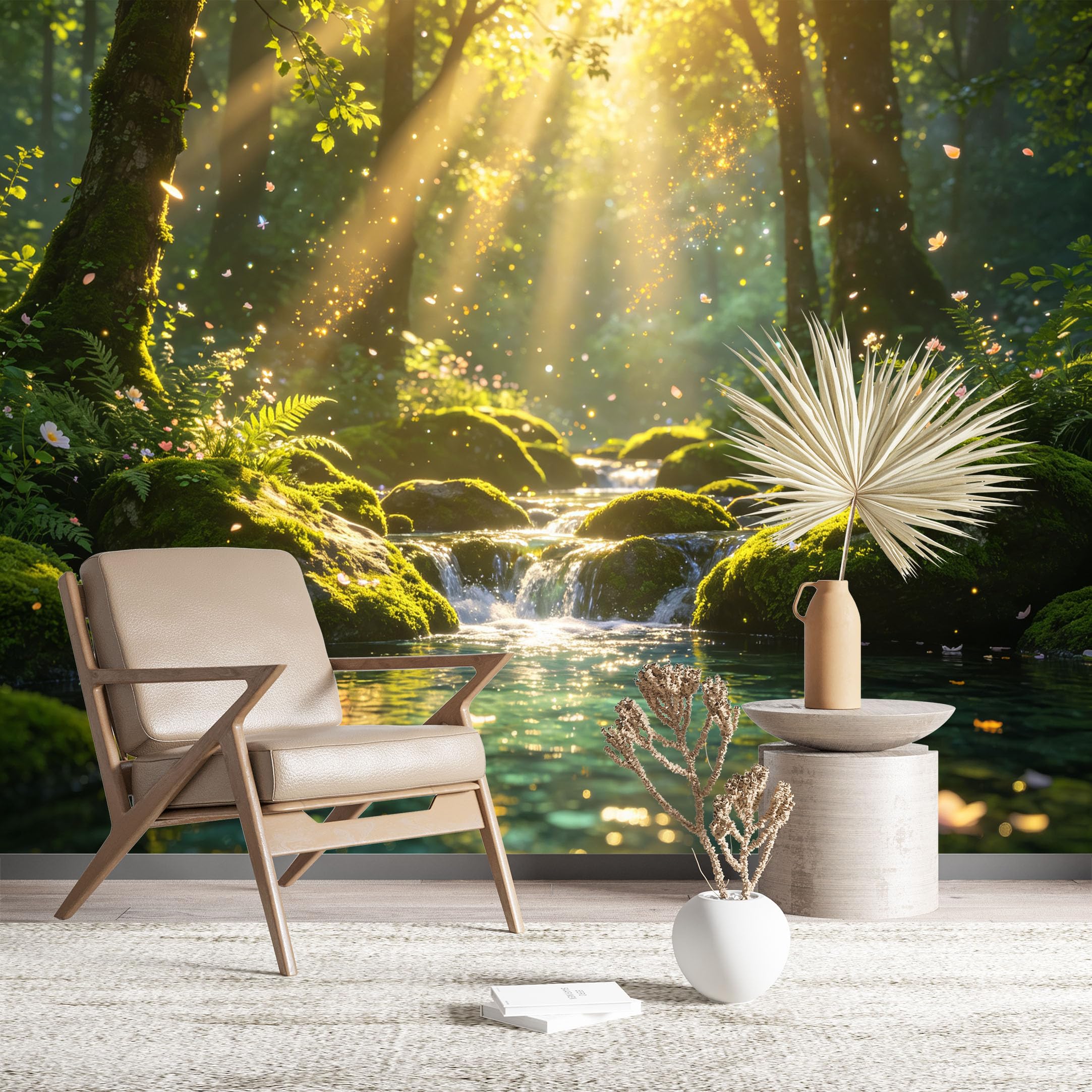 Custom Size Wall Murals Sunlit Forest Stream with Butterflies Wall Murals Nature Wallpaper Large Photo Wallpaper Self-Adhesive Removable Wallpaper