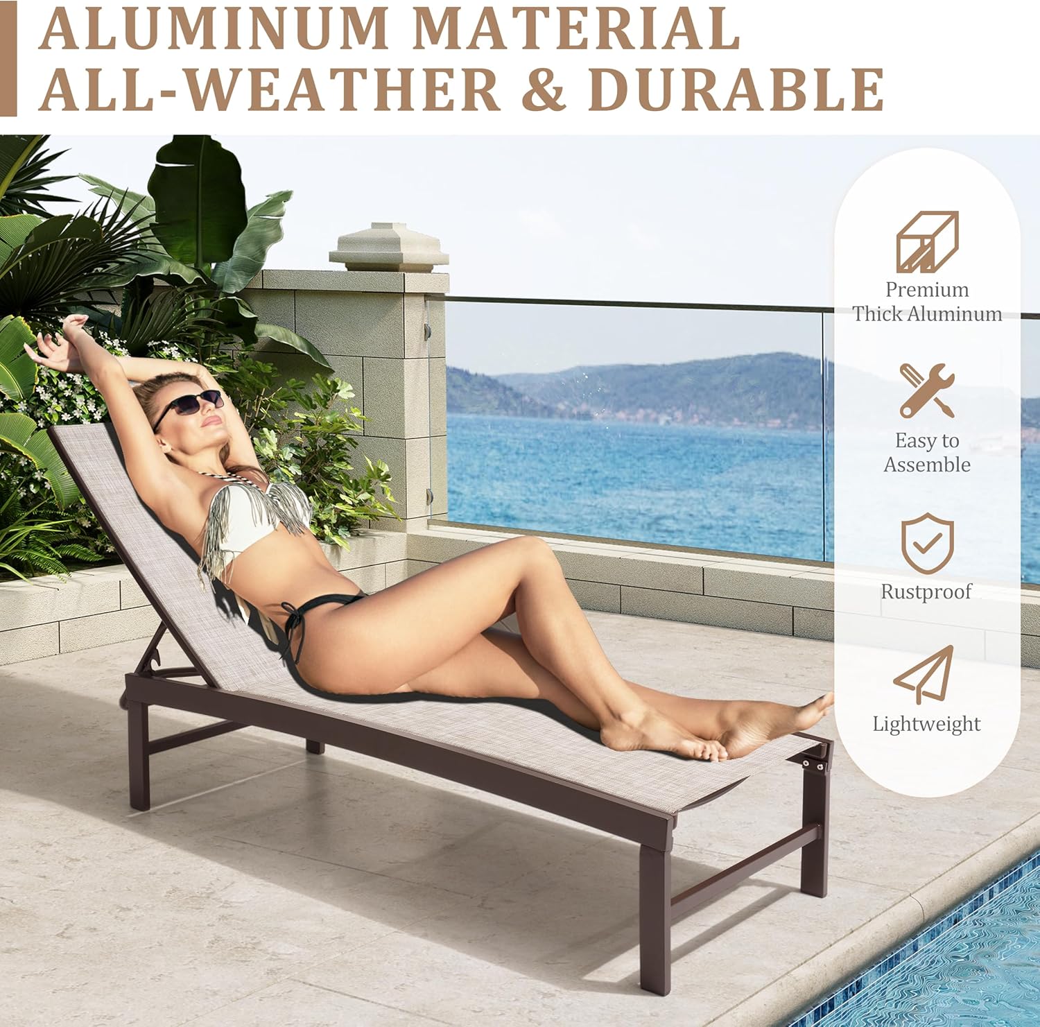Patio Aluminum Chaise Lounge Chair, Set of 2 Outdoor Recliner Lounge Chair Sun Loungers, All Weather Chaise with 5 Adjustable Backrest and Lay Flat Positions for Garden, Balcony, Pool
