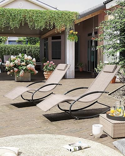 Miniatura 4 de Crestlive Products Mecedora de patio curvada con almohada para playa, patio, piscina al aire libre, interior, marco de acero gris (2 unidades, beige)