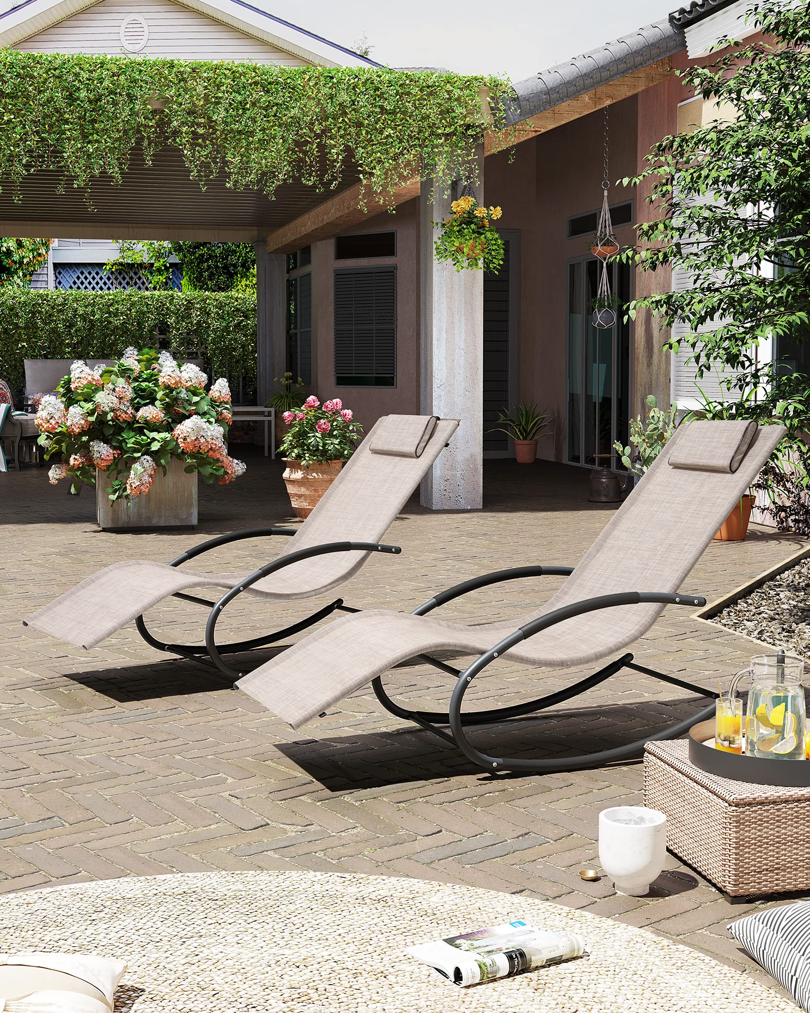 Mecedora de patio curvada con almohada para playa, patio, piscina al aire libre, interior, marco de acero gris (2 unidades, beige) 3
