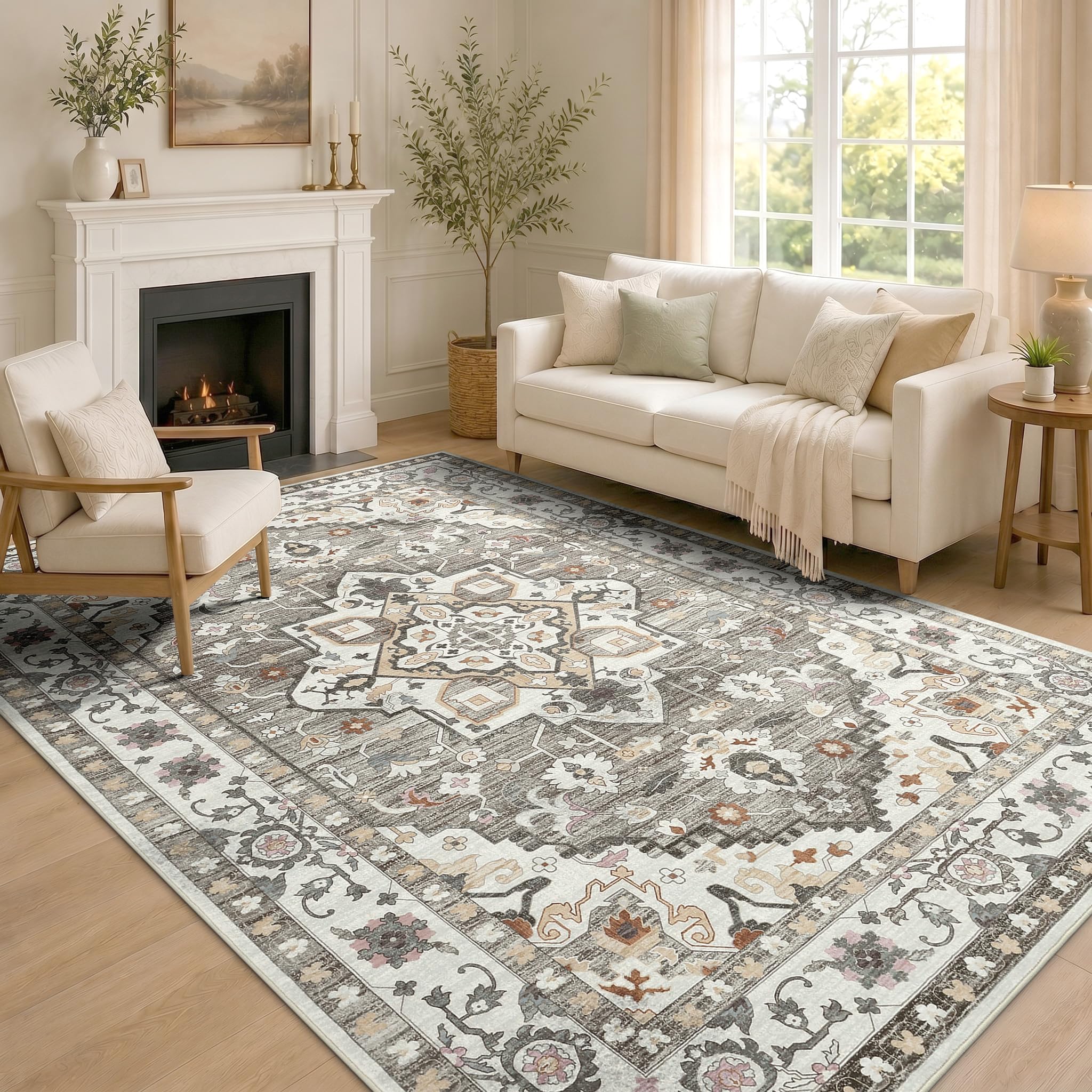 Homaxy Vintage Rugs Living Room Washable Anti Slip Small Rug Low Pile Boho Lounge Carpet for Bedroom, Nursery, Kitchen - 60 x 100 cm, Accent Taupe — image 1