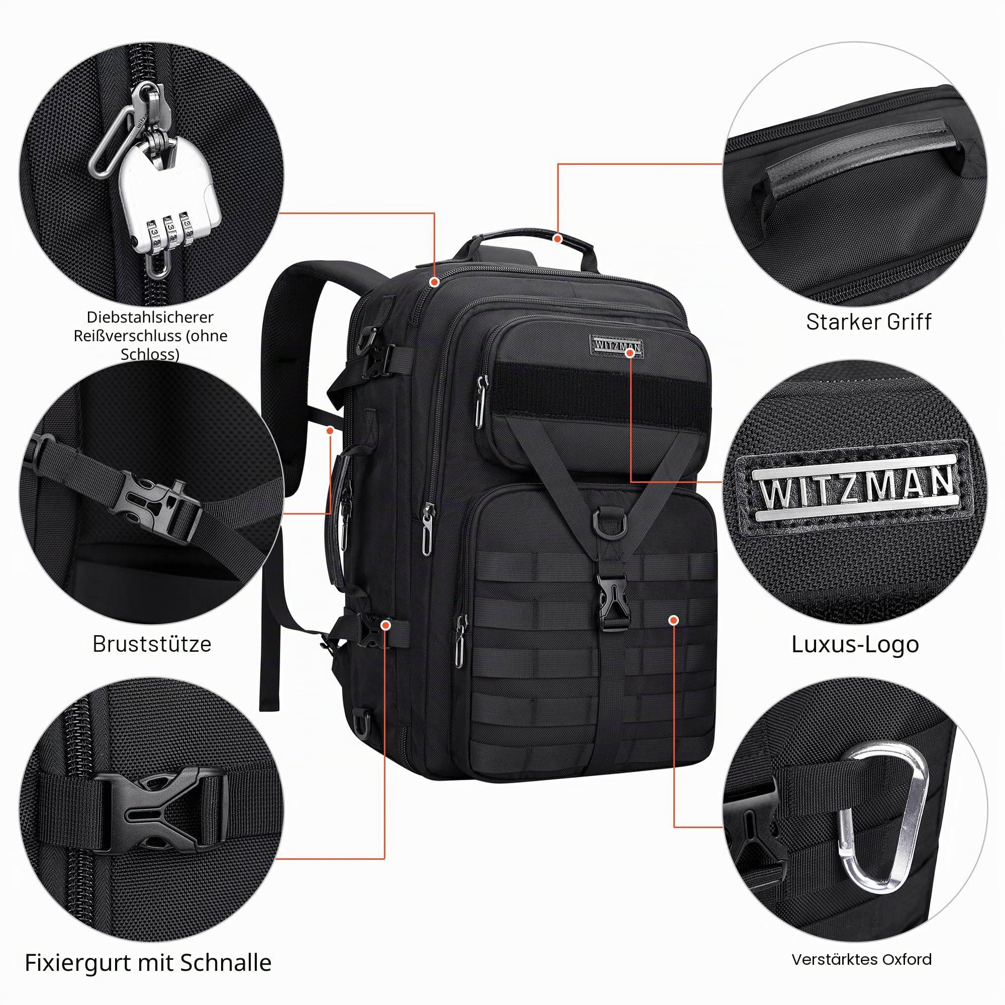 WITZMAN 45L Nylon Reiserucksack Herren 3-in-1 mit Laptopfach | USB-Anschluss, Mehrere Fächer und Flexible Tragemöglichkeiten, Ideal für Reisen und Geschäftsreisen, B688 Schwarz
