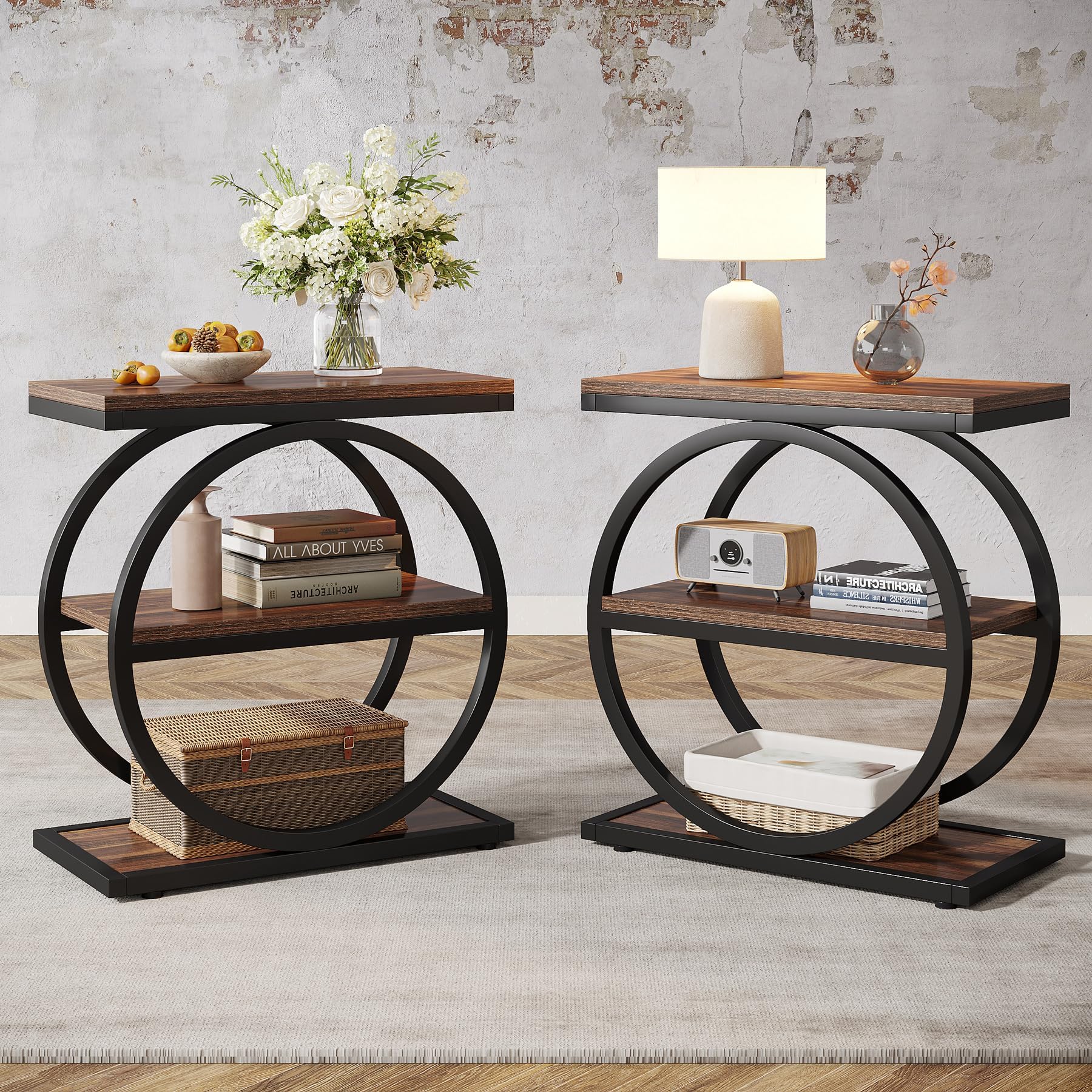 Tribesigns End Table Set of 2 With 3 Storage Shelves - Industrial Small Wooden Side Table for Living Room, Slim Nightstand and Bedside for Bedroom