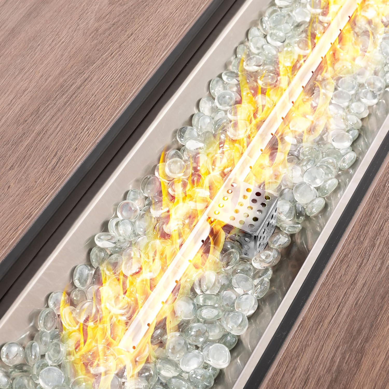Nuu Garden 43” Propane Fire Pit, CSA-Listed Outdoor Fire Pit Table, 50,000 BTU Gas Fire Pit with Lid and Glass Beads, 2-in-1 Rectangular Fire Pit for Outside Backyard Patio, Light Brown