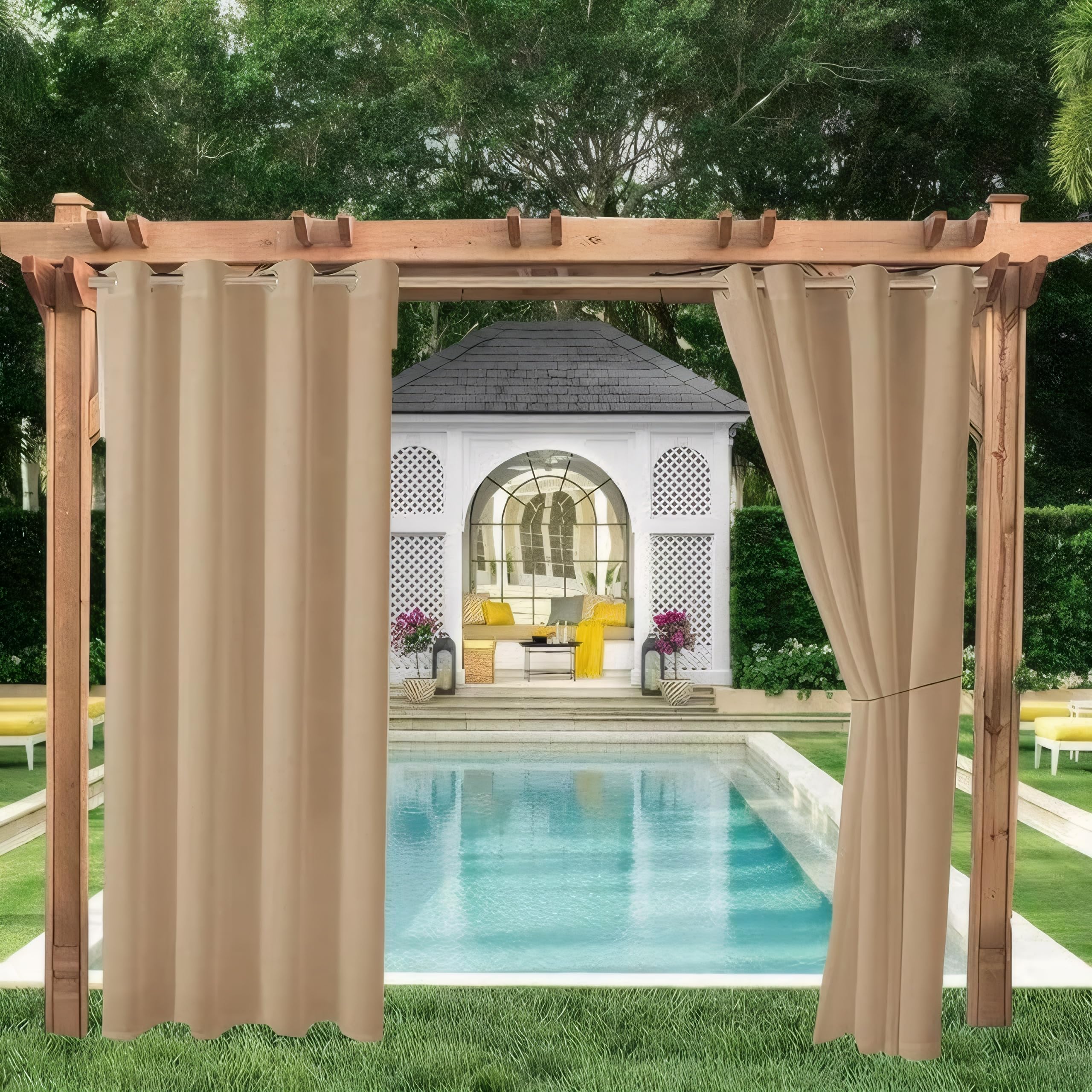 Livego Beige Outdoor Curtains For Garden Patio Gazebo Pergola,Waterproof,Windproof,Blackout Thermal Insulated Double Grommet(Top And Bottom) Outdoor Curtains For Garden Patio Door(1 Panel,100"*84",)