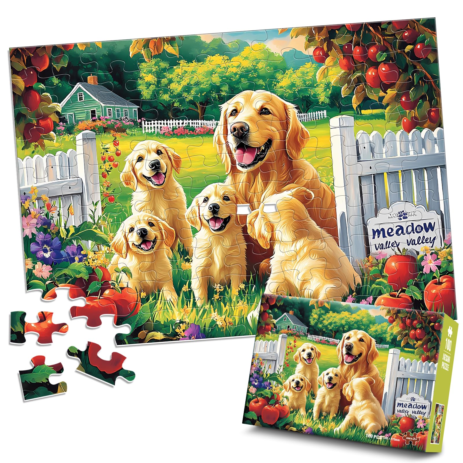 Jeacirio Puzzles for Kids Ages 4-6 6-8, 100 Piece Puzzles for Kids, Golden Retriever Dog Family Jigsaw Puzzle, Educational Puzzle Toys for Boys and Girls, Kids Puzzles Ages 5-8 8-10, 15 x 11 Inch Golden Retriever Puzzles