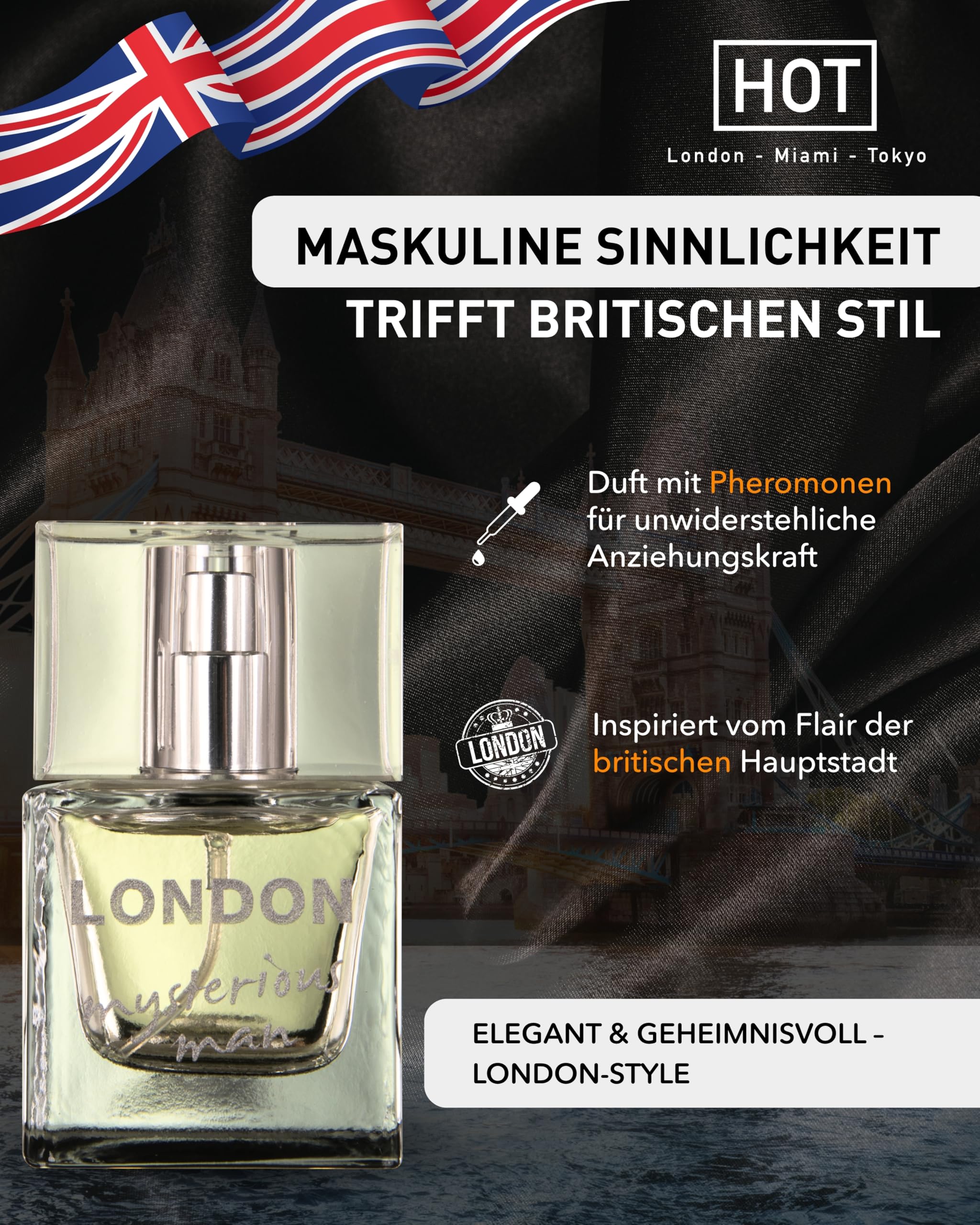 HOT Pheromone Parfum London Man 30 ml I Maskuliner Herrenduft mit vielschichtigen Duftnoten & Pheromonen I Für unbeschreibliche Anziehungskraft I Parfum Herren