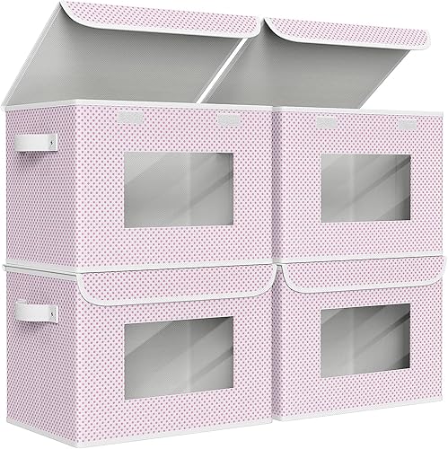 Miniatura 18 de Univivi Contenedores de Almacenamiento con Tapas [Paquete de 4] Cajas de Almacenamiento de Tela Grandes Plegables Apilables con Tapas, Organizadores