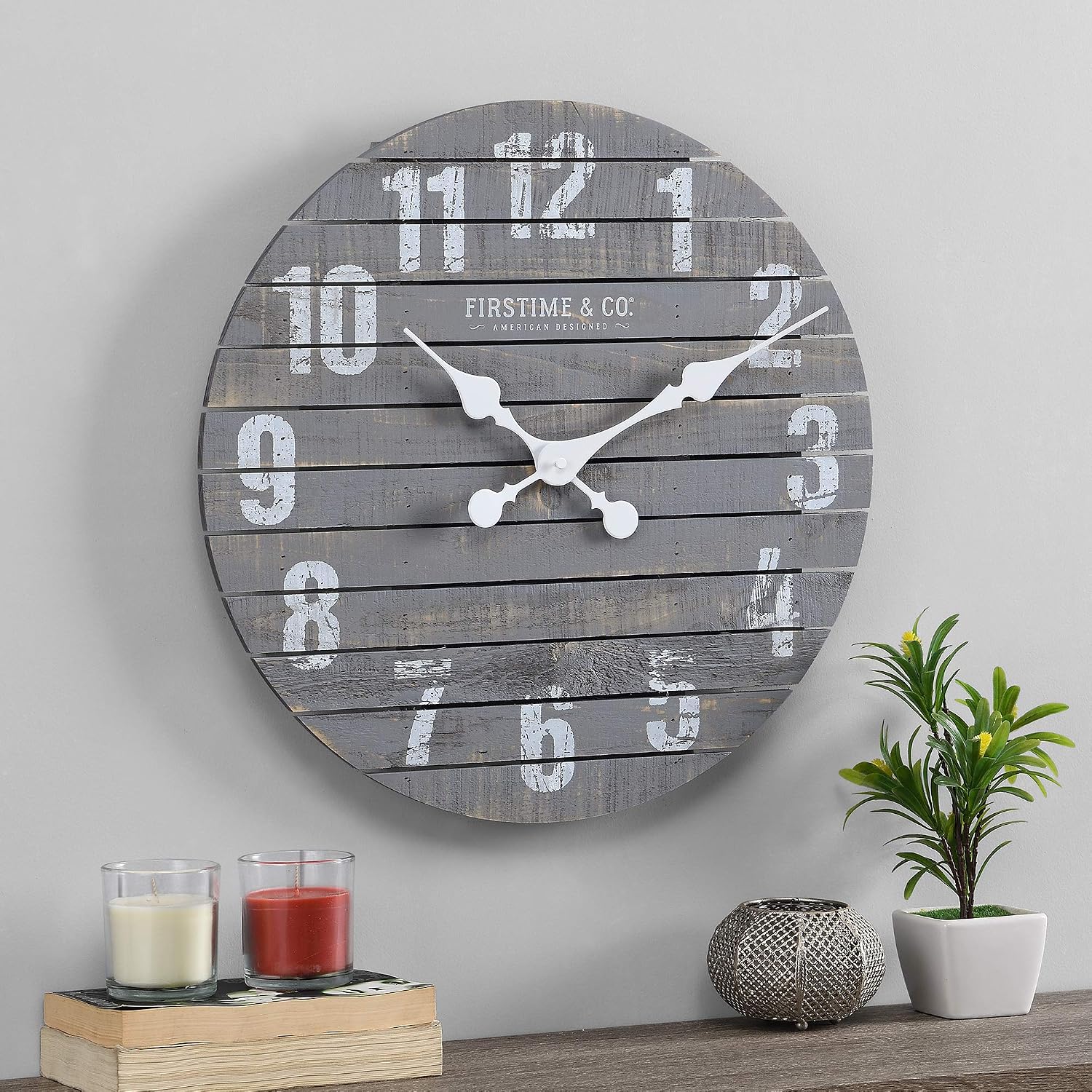 FirsTime & Co. Gray Augustus Shiplap Wall Clock, Large Vintage Decor for Living Room, Home Office, Round, Wood, Farmhouse, 18 inches