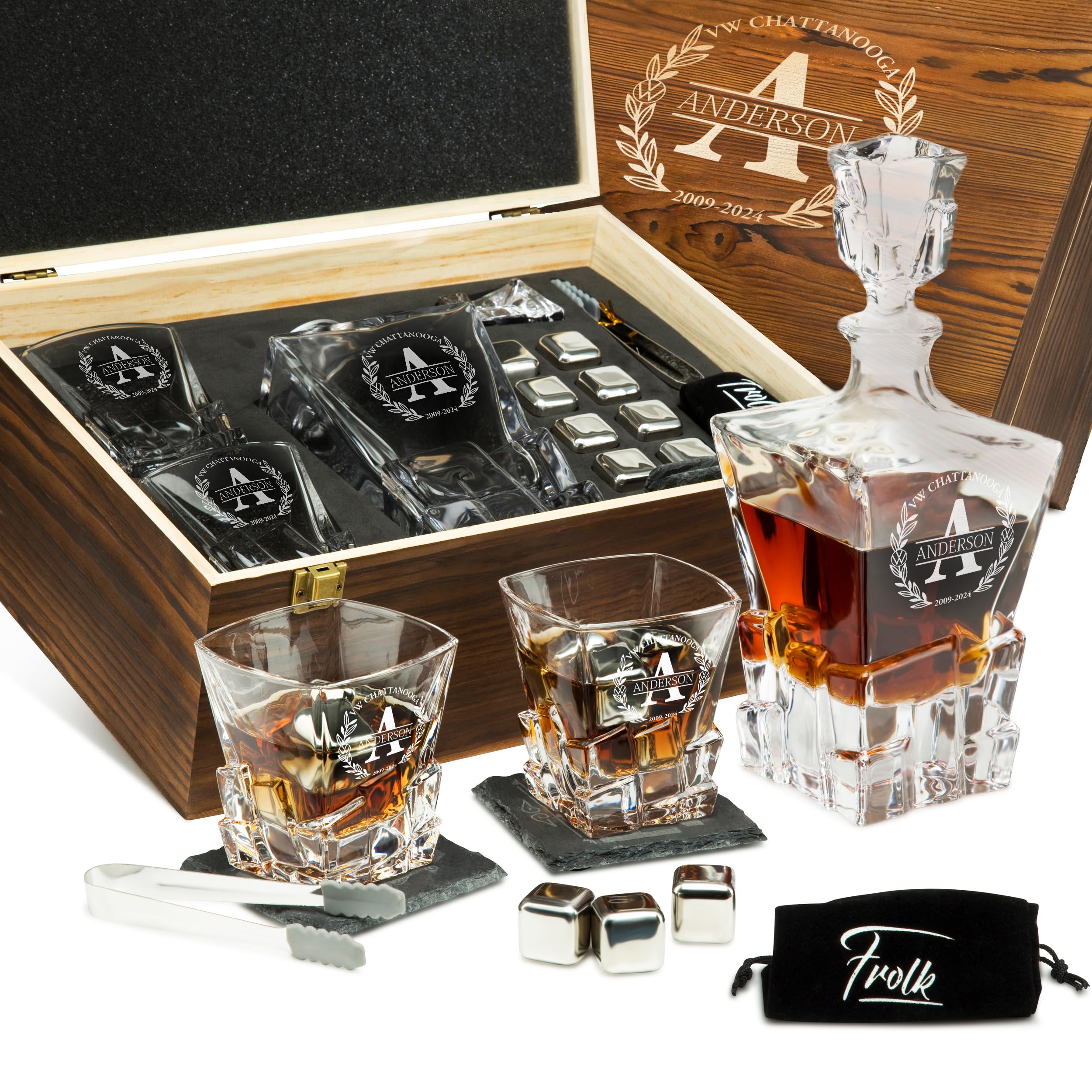 Personalized VW Chattanooga Whiskey Decanter and Stones Set - Customized Gift for Men, Retirement, Birthday - Whiskey Decanter, 2 XL Glasses, 8 Whisky Cubes, 2 Coasters, Tongs, Pouch, Wooden Gift Box