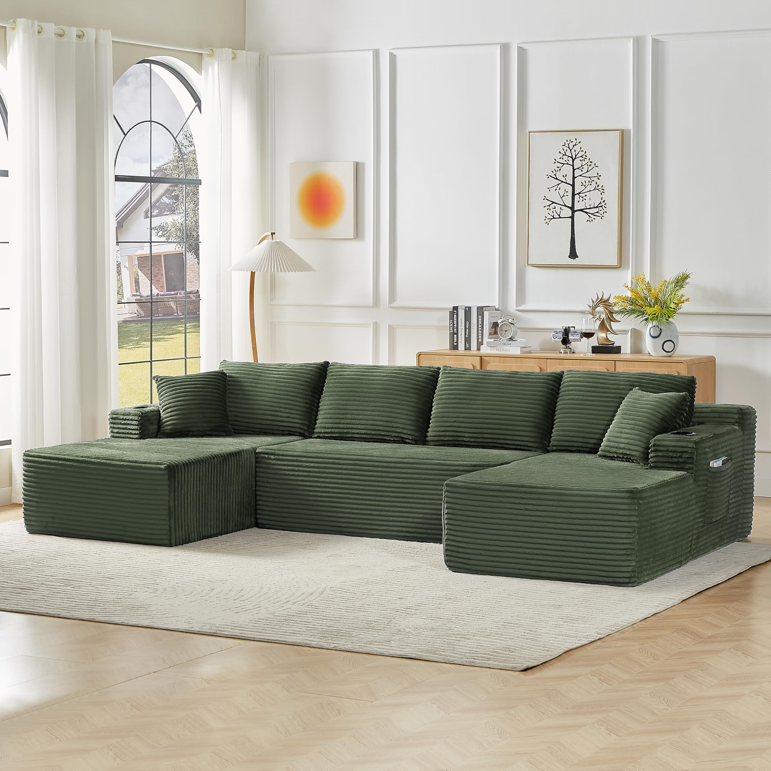 Canape Dangle Convertible, Canapé d’Angle de U avec Porte-Gobelets et Poches Latérales, Canapé Compressé en Velours côtelé, livré compressé, Confortable, Multifonctionnel, pour Salon, Chambre