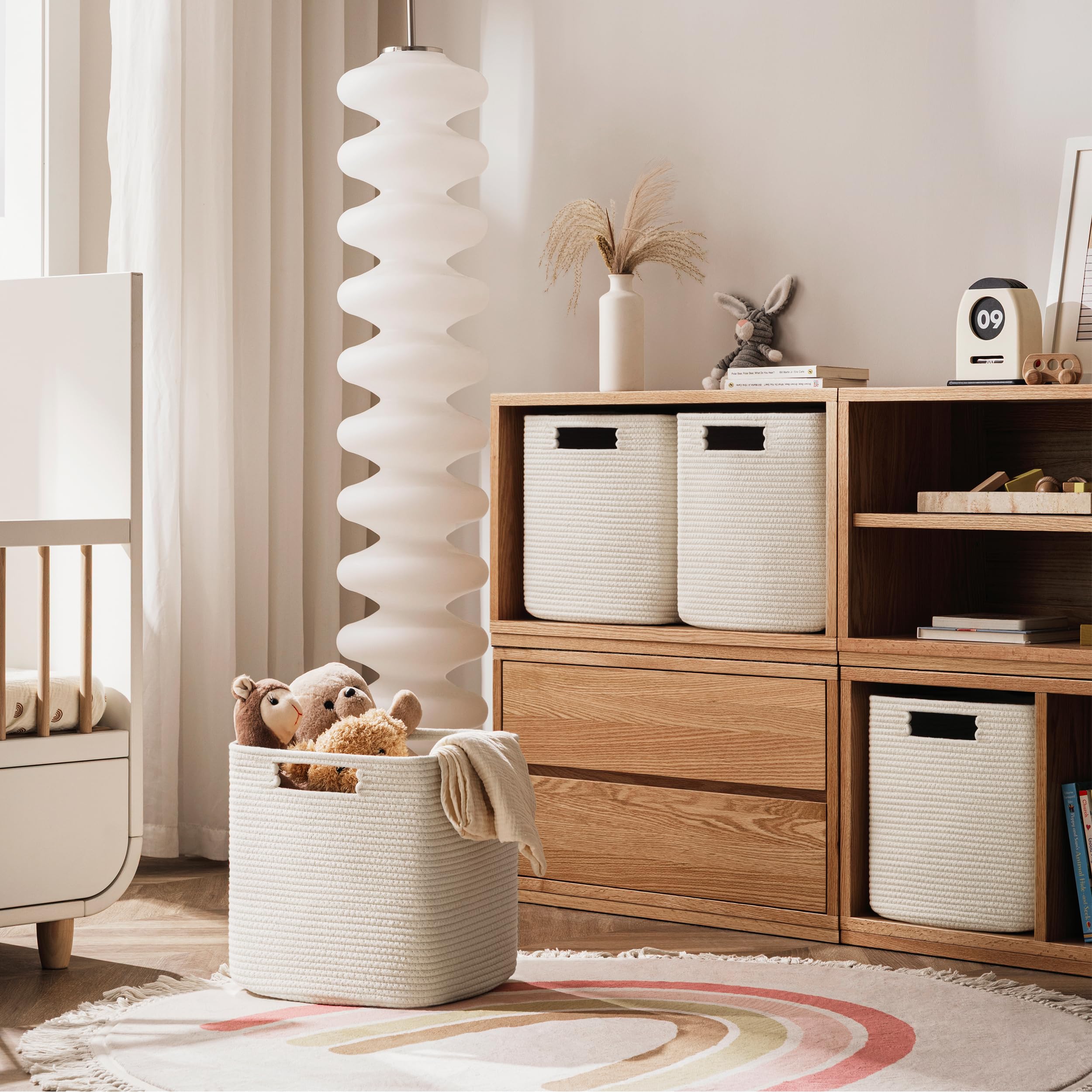 UBBCARE Zestaw 4 koszy do przechowywania – 11 x 25 x 25 cm, bawełniany kosz linowy na półki, zabawki, książki, kosze do przechowywania kostek z uchwytami, tkany kosz do przechowywania do organizacji,