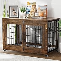 Vista 23 de Mueble de jaula para perros con cojín, perrera de madera para interiores con puertas dobles, jaula para perros con ruedas, mesa auxiliar lateral
