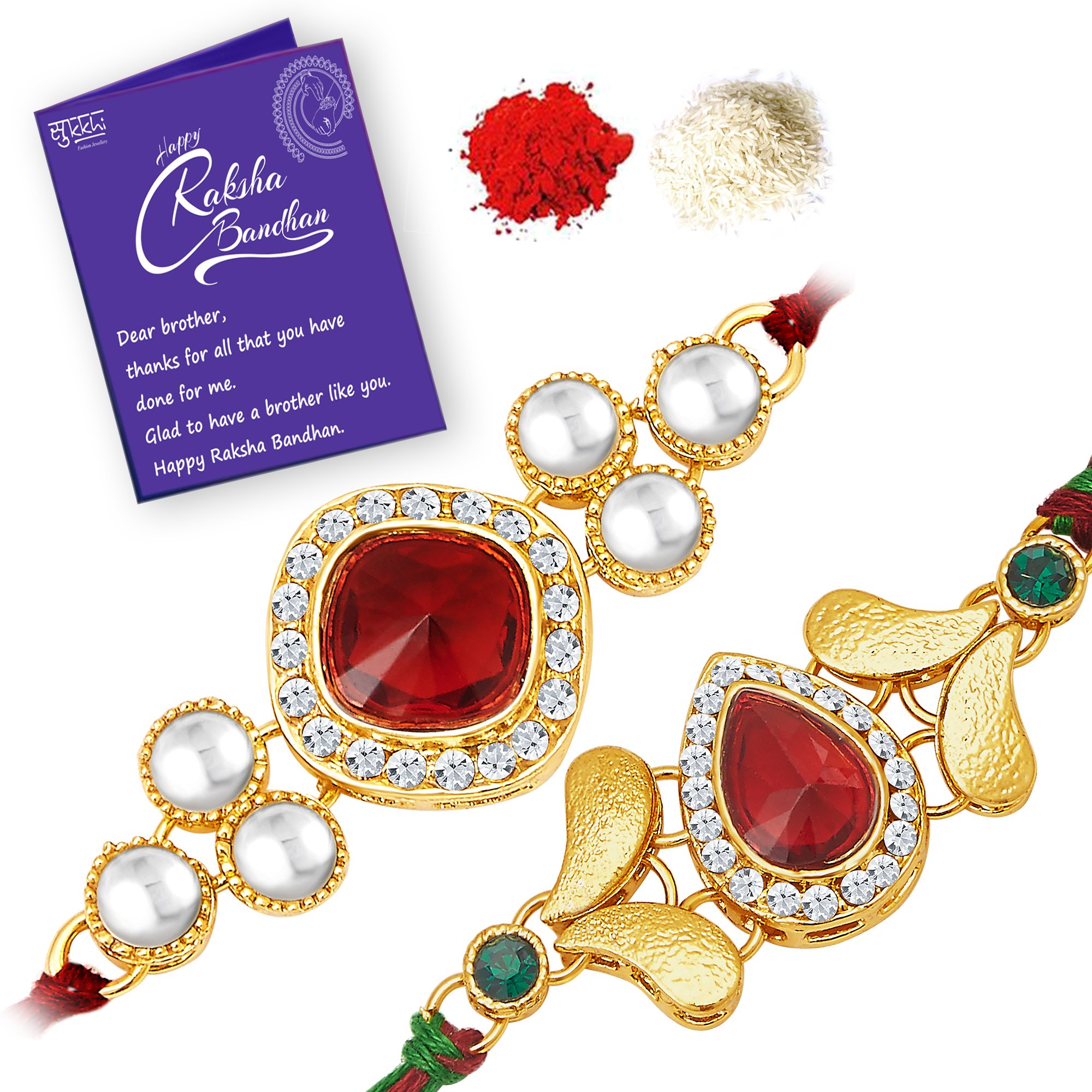 Sukkhi Rakhi Charming Kundan Rakhi Combo & Designer Gold Plated Premium Rakhi for Brother, Roli Chawal & Greeting Card|Rakhi for Bhaiya|Rakhi for MEN|Kundan Rakhi|Rakhi Combo-Set of 2 |CB73468) (B07FLBLQ4Z) Amazon Price History, Amazon Price Tracker