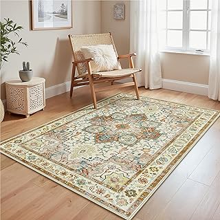 GENIMO Vintage Teppich 120x170cm, Teppiche Wohnzimmer, Waschbare Teppiche, Boho Teppich, Klein Carpet rutschfest, Schlafzimmer, Esszimmer, Büro
