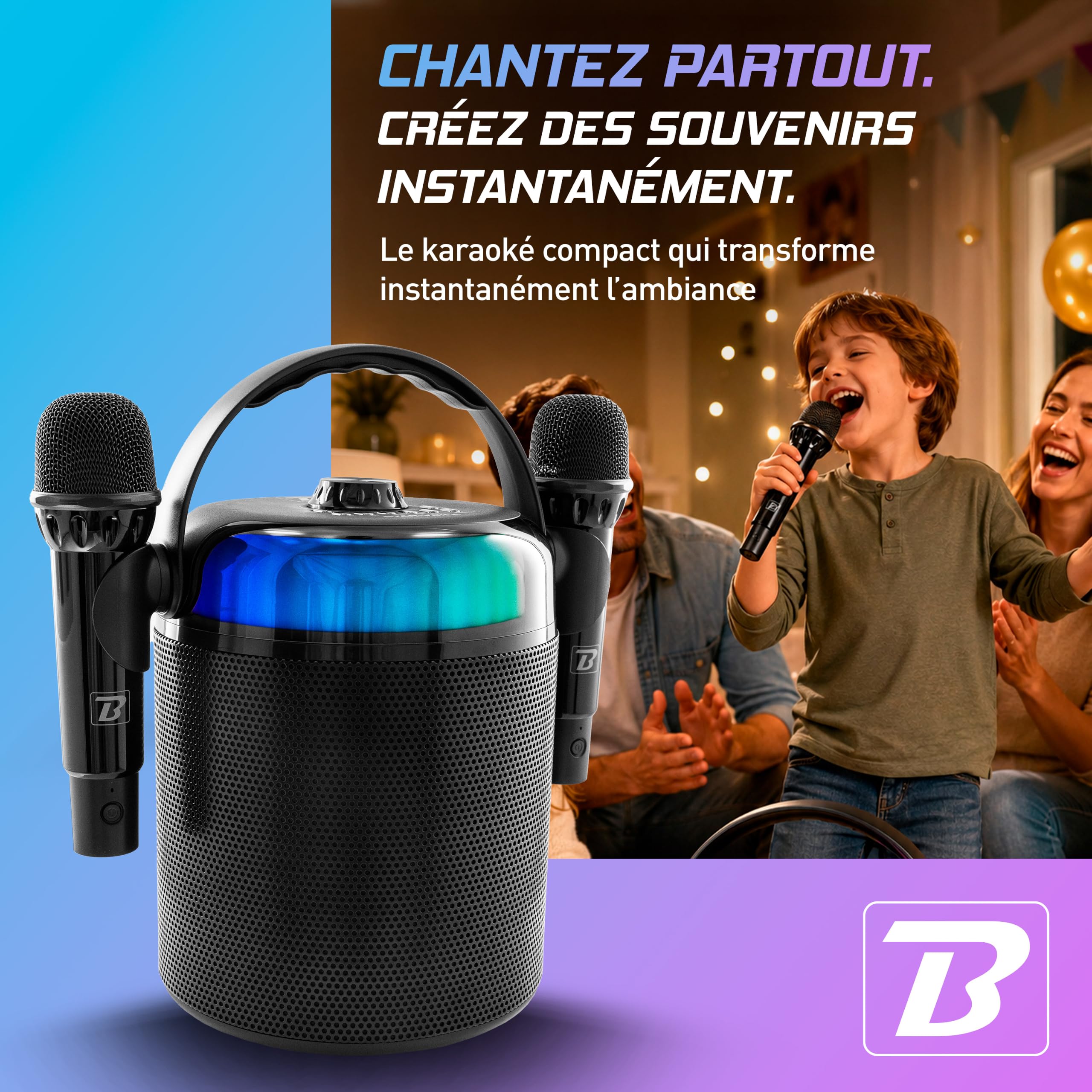 BoomTone DJ Star Voice – Enceinte Karaoké Bluetooth Portable avec 2 Micros sans Fil, LEDs RGB et Changeur de Voix, Karaoké Enfant & Adulte pour Soirées et Anniversaires