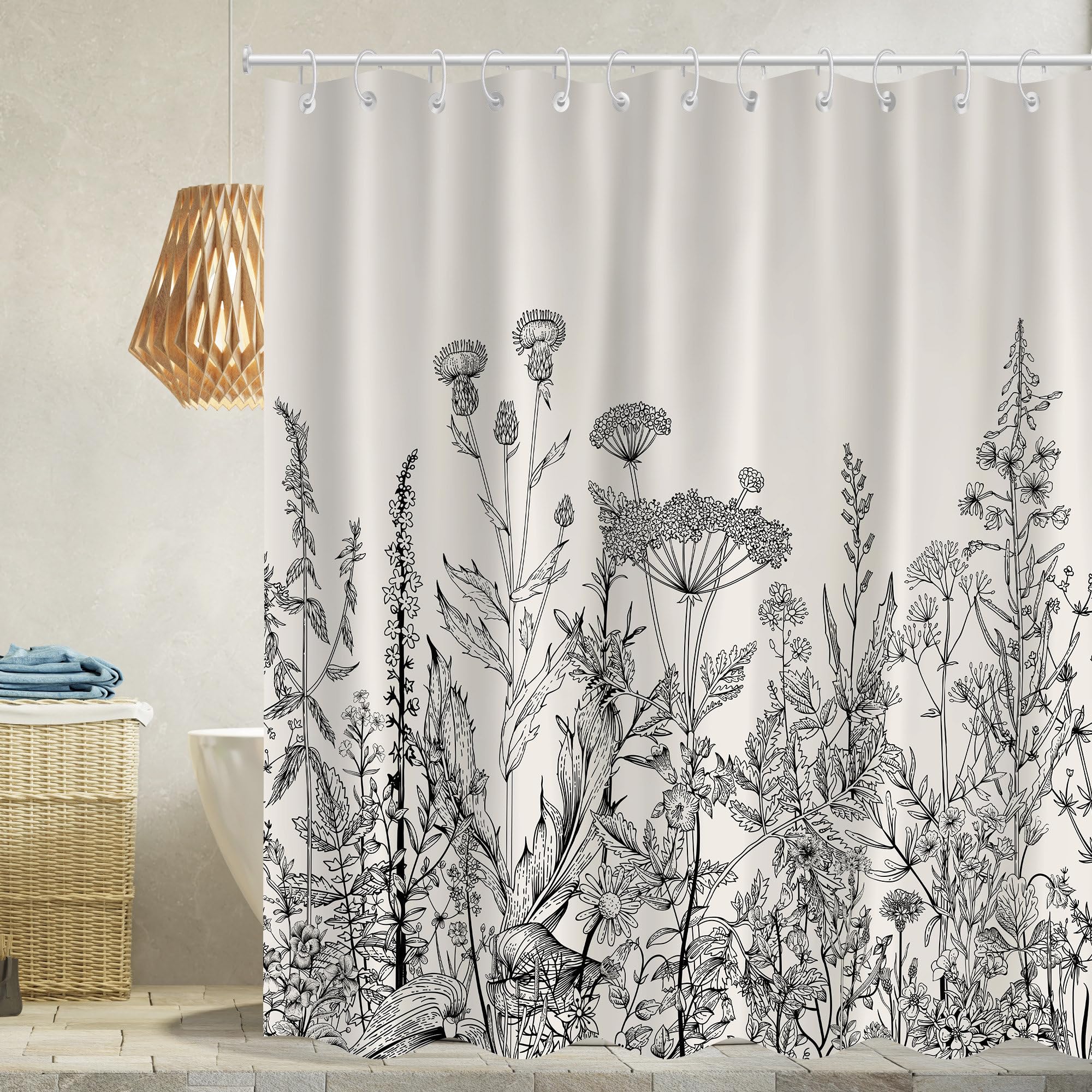 Rideau de douche imperméable à fleurs sauvages anti-moisissure avec crochets de fixation