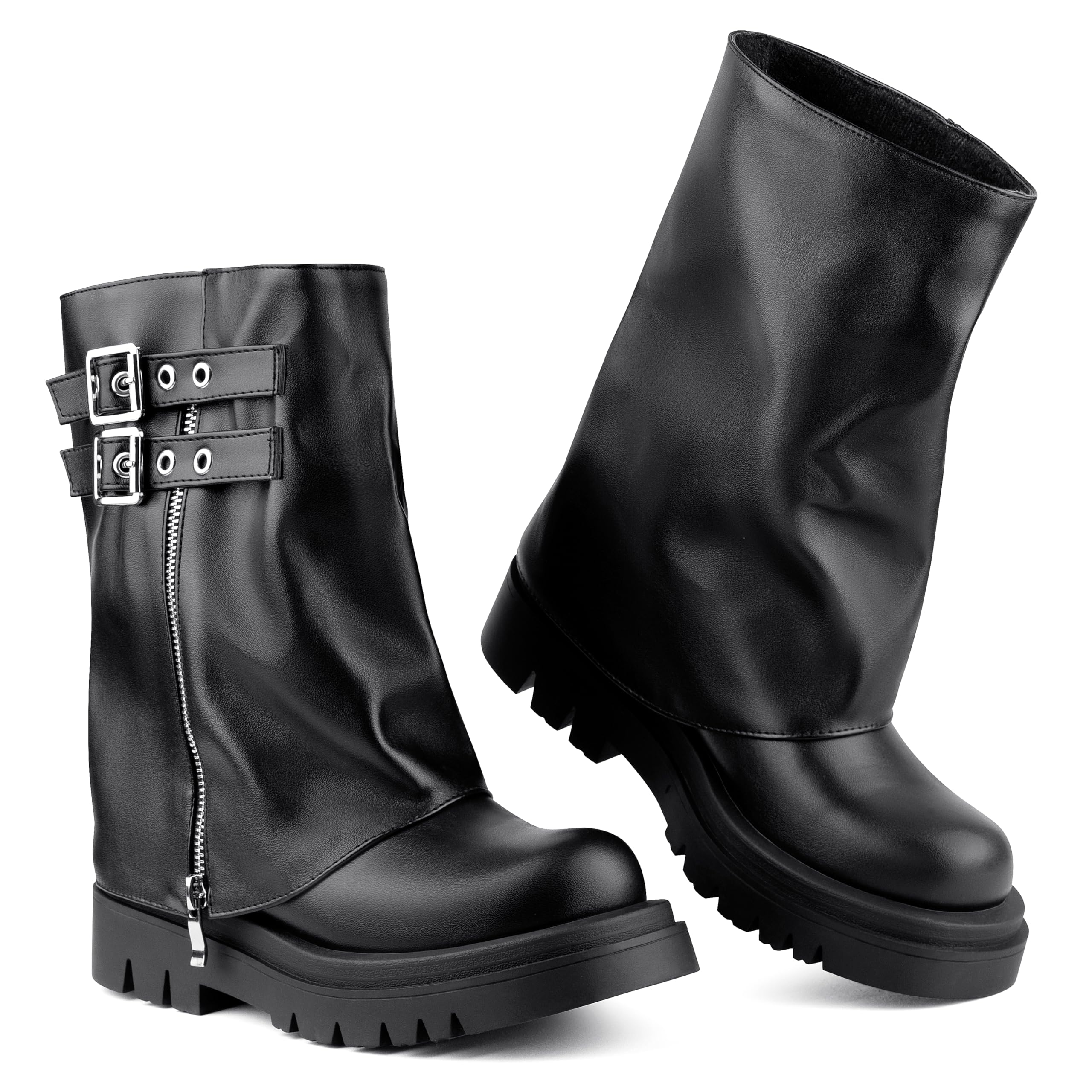 AlureAbys Women's Mid Calf Boots Fold Over Buckle Moto Biker Boots for Women