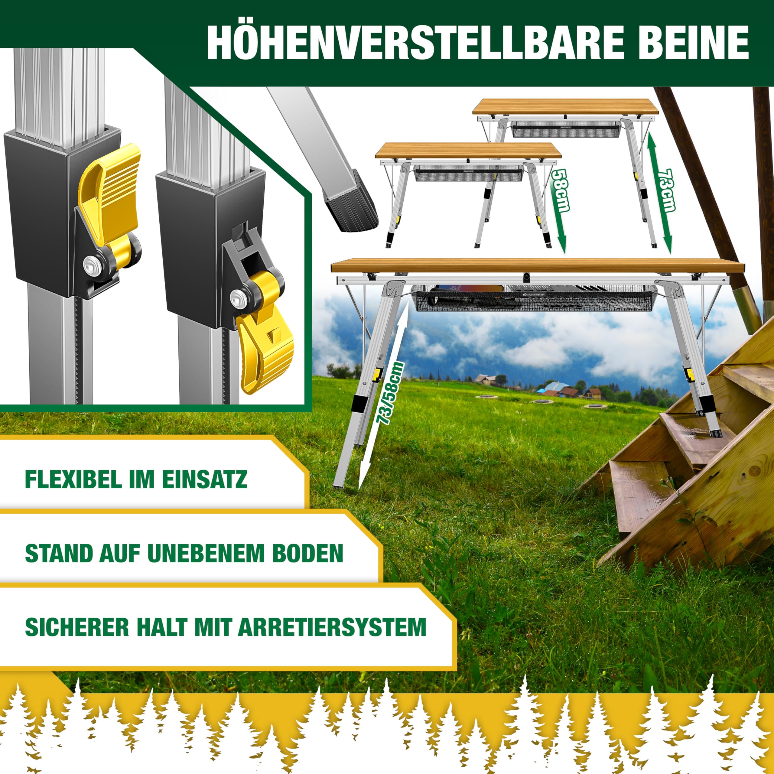 KESSER® Campingtisch faltbar Klapptisch mit Aluminiumrahmen Aufrollbare Tischplatte Falttisch klappbar Höhenverstellung 120x70cm - bis 100kg inkl. Tragetasche mit Trageband & Netztasche, Holz-Optik