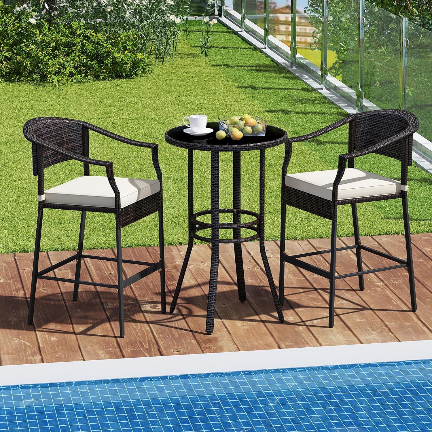 RELAX4LIFE 3-Piece Outdoor Bar Set - Patio Wicker Rattan Bar Height Barstools w/Cushions, Footrest, Round Glass Top Table, High Top Bistro Table & Chairs Set of 2 for Pool Porch Balcony (Brown-Beige)